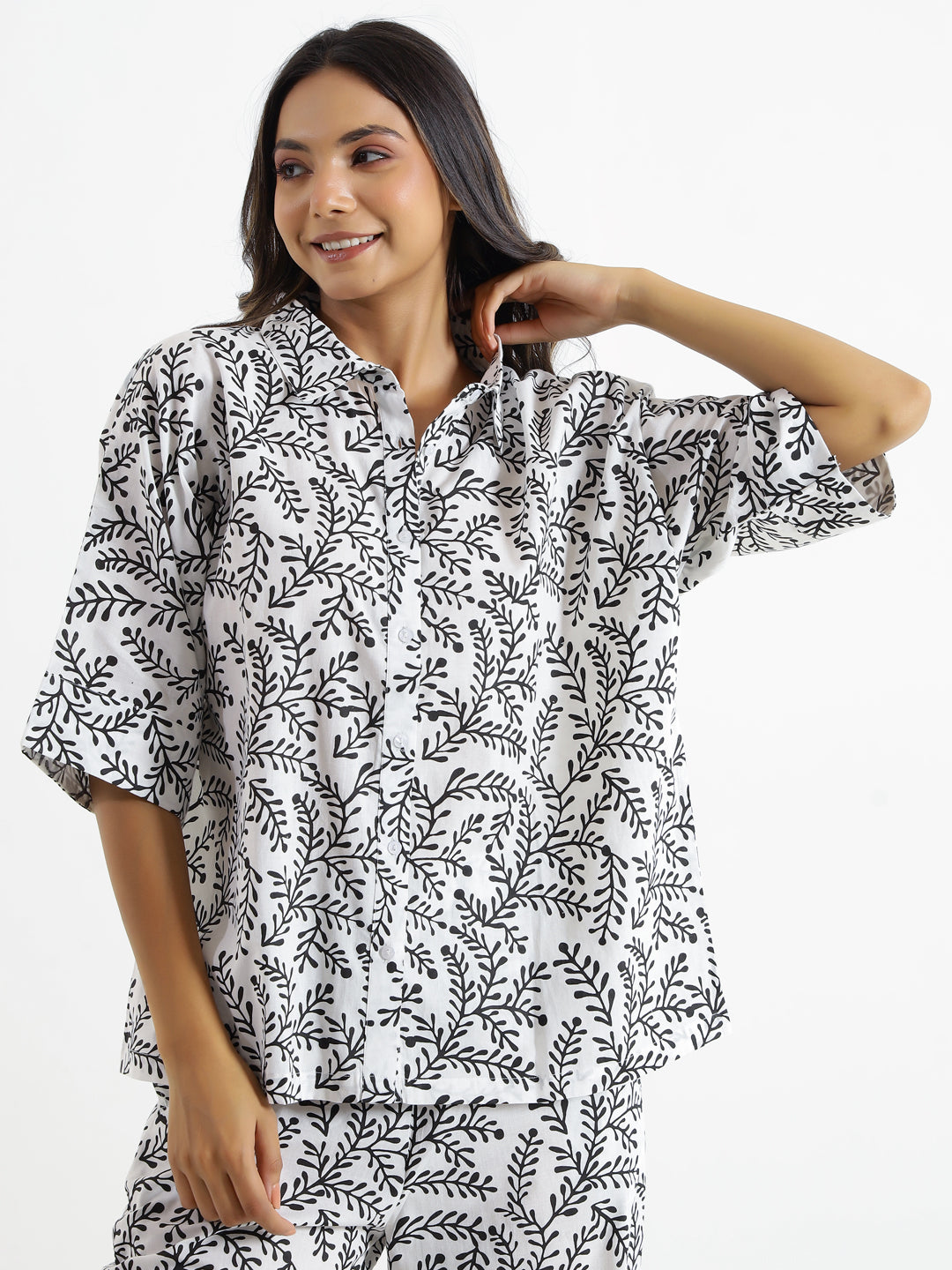 Black & White Shirt Collar Pure Cotton Night Suit Set For Women