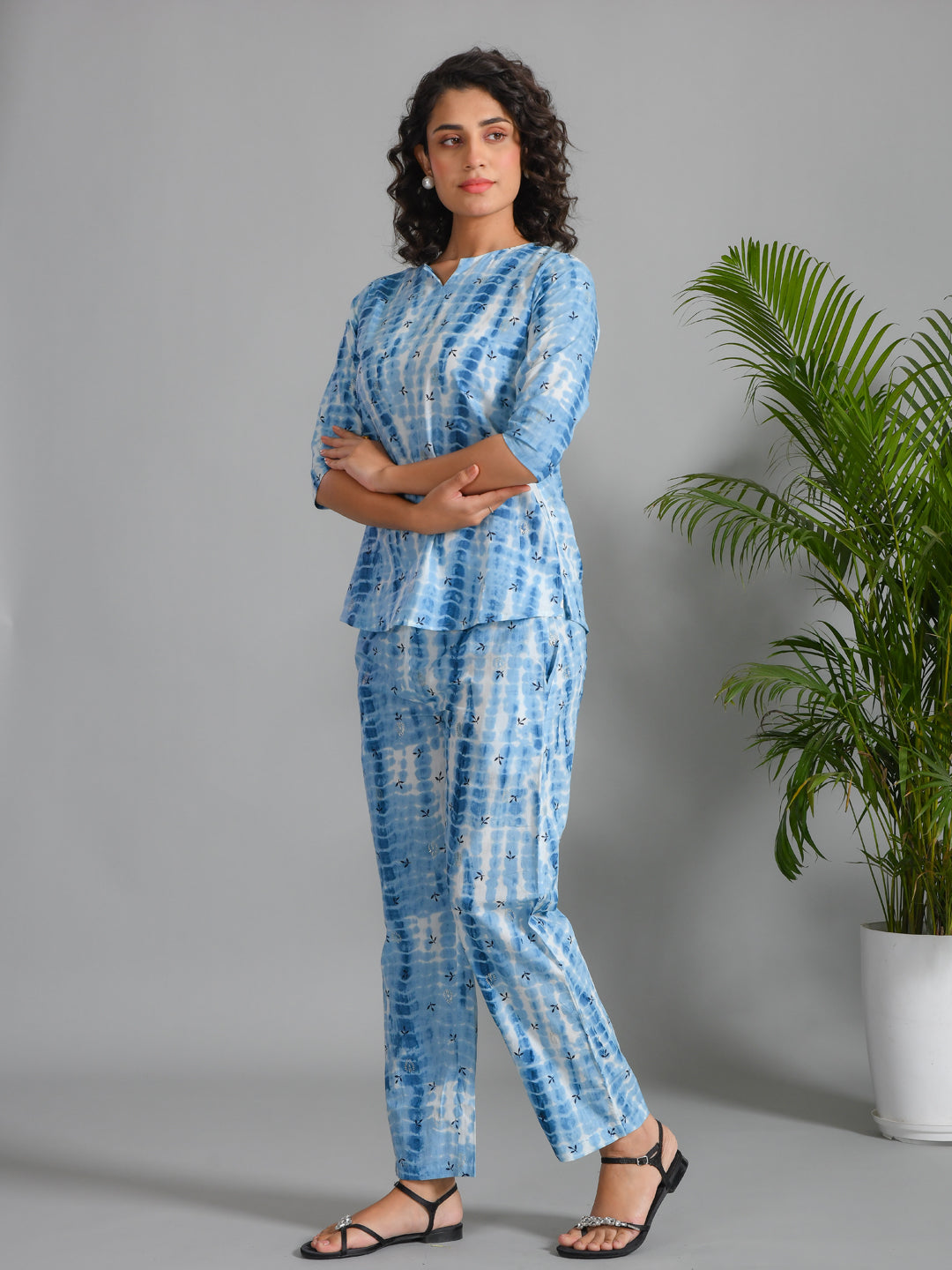 Blue Printed Round Neck Cotton Night Suit