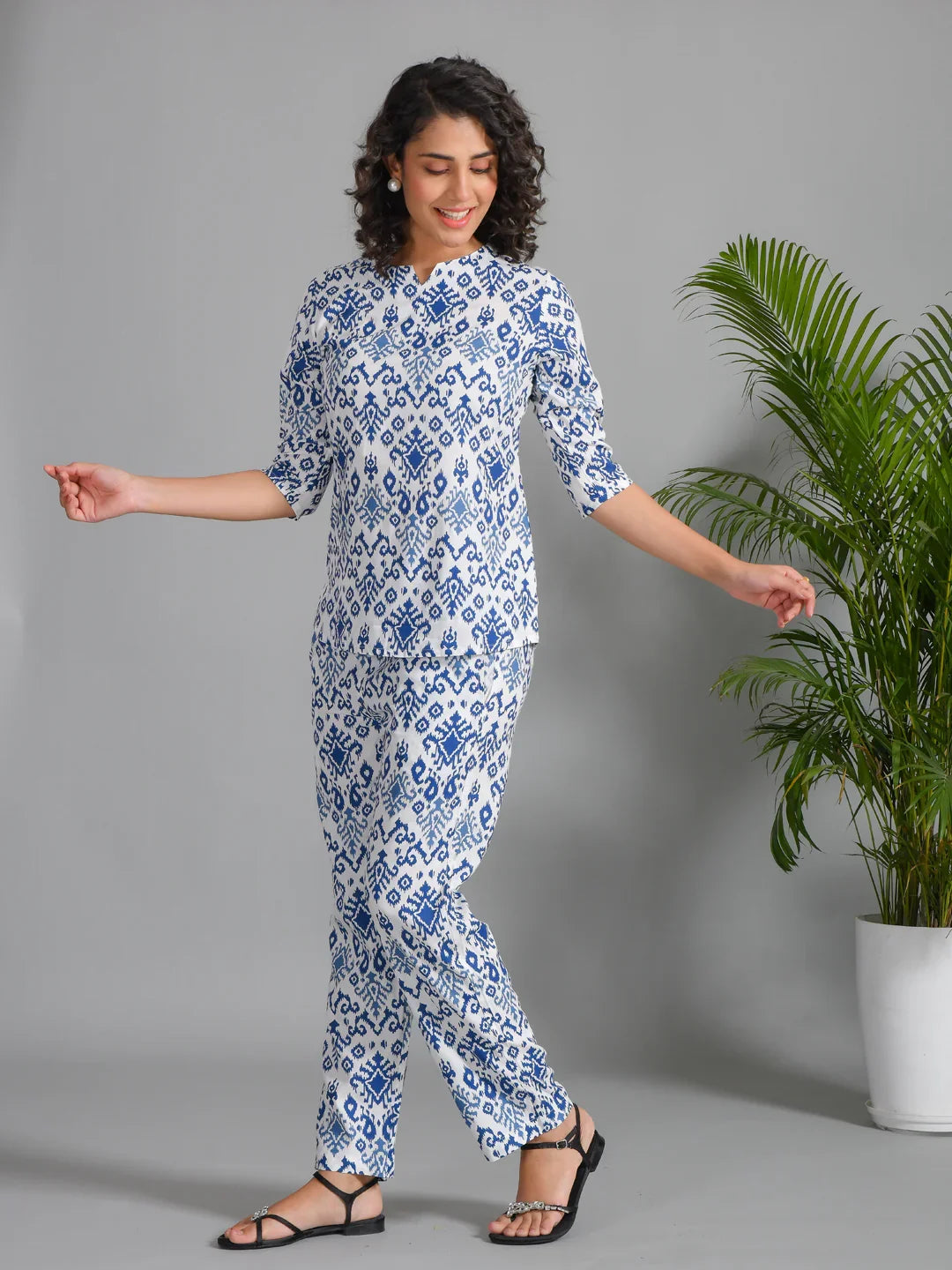 Navy Blue Viscose Rayon Printed Round Neck night suit for women - SanskrutiHomes