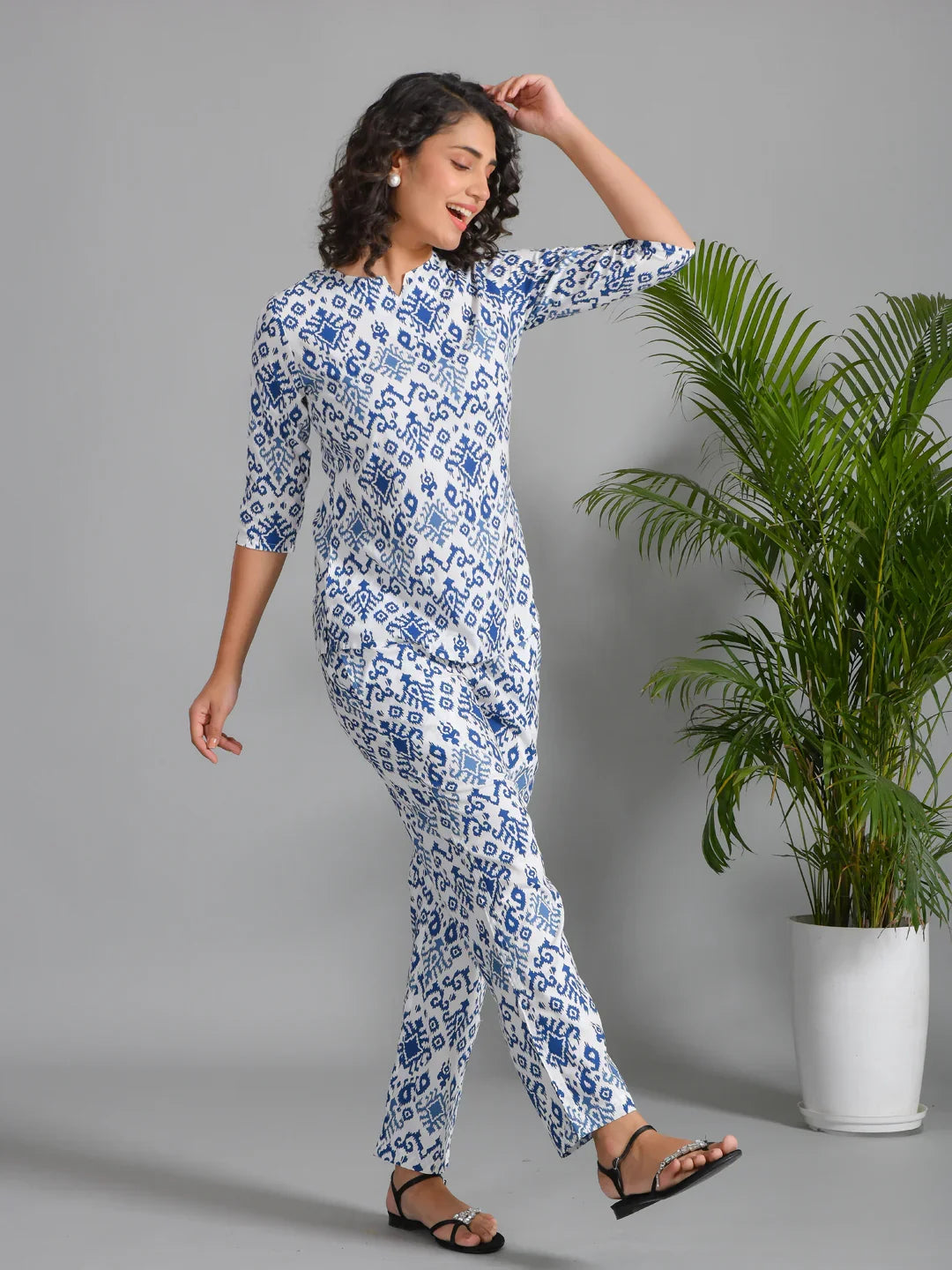 Navy Blue Viscose Rayon Printed Round Neck night suit for women - SanskrutiHomes