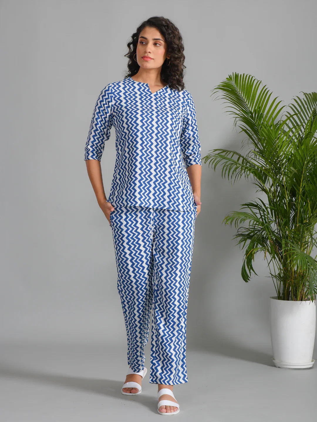 Navy Blue Viscose Rayon Printed Round Neck Night Suit Set - SanskrutiHomes