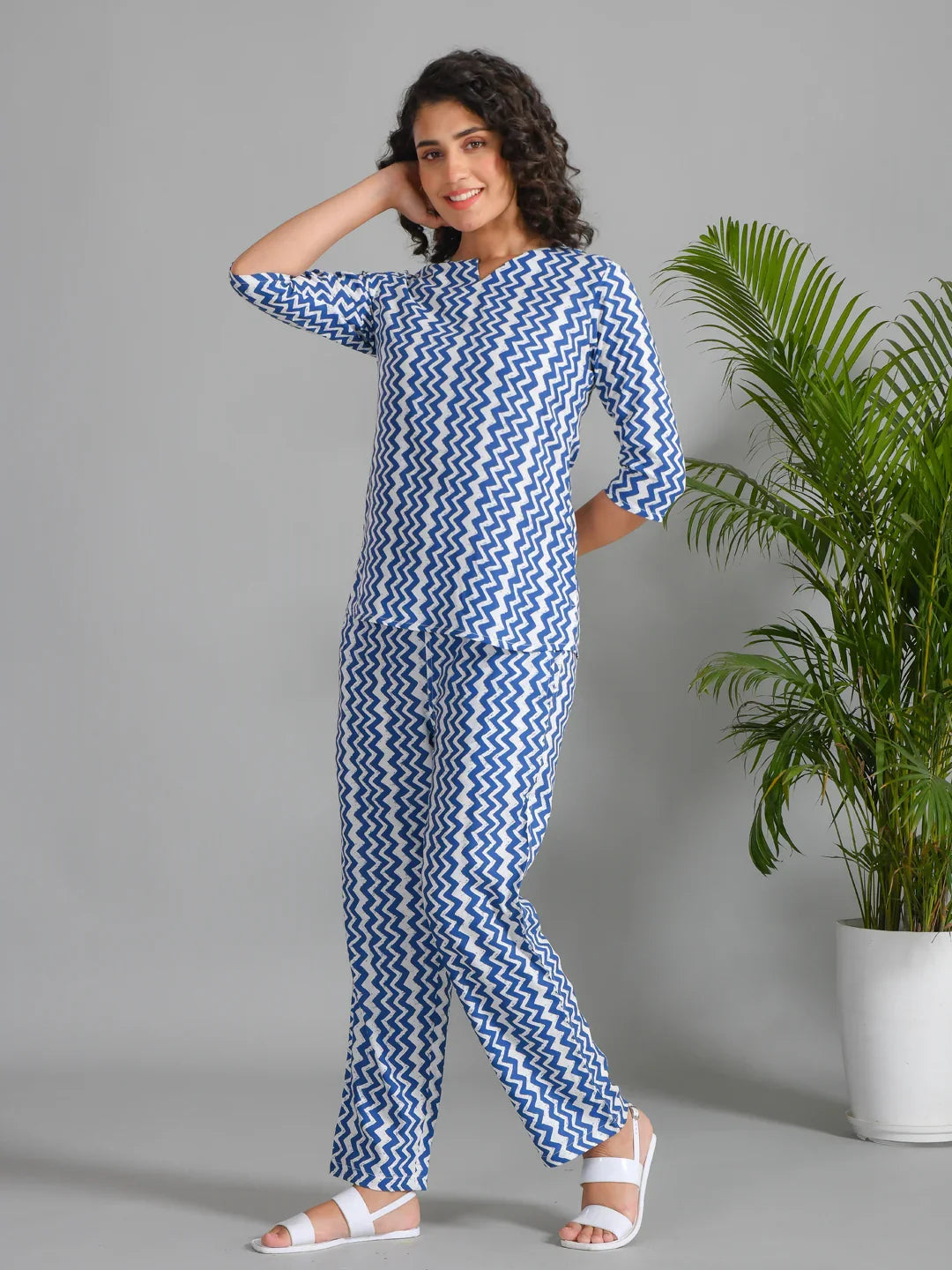Navy Blue Viscose Rayon Printed Round Neck Night Suit Set - SanskrutiHomes
