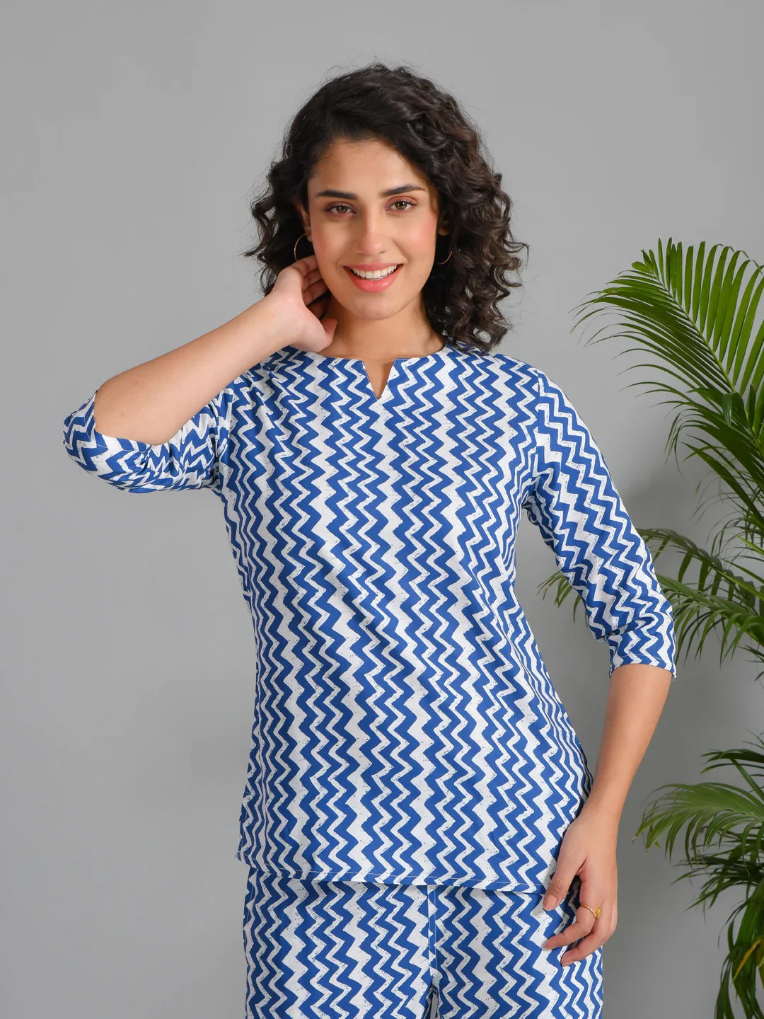 Navy Blue Viscose Rayon Printed Round Neck Night Suit Set - SanskrutiHomes