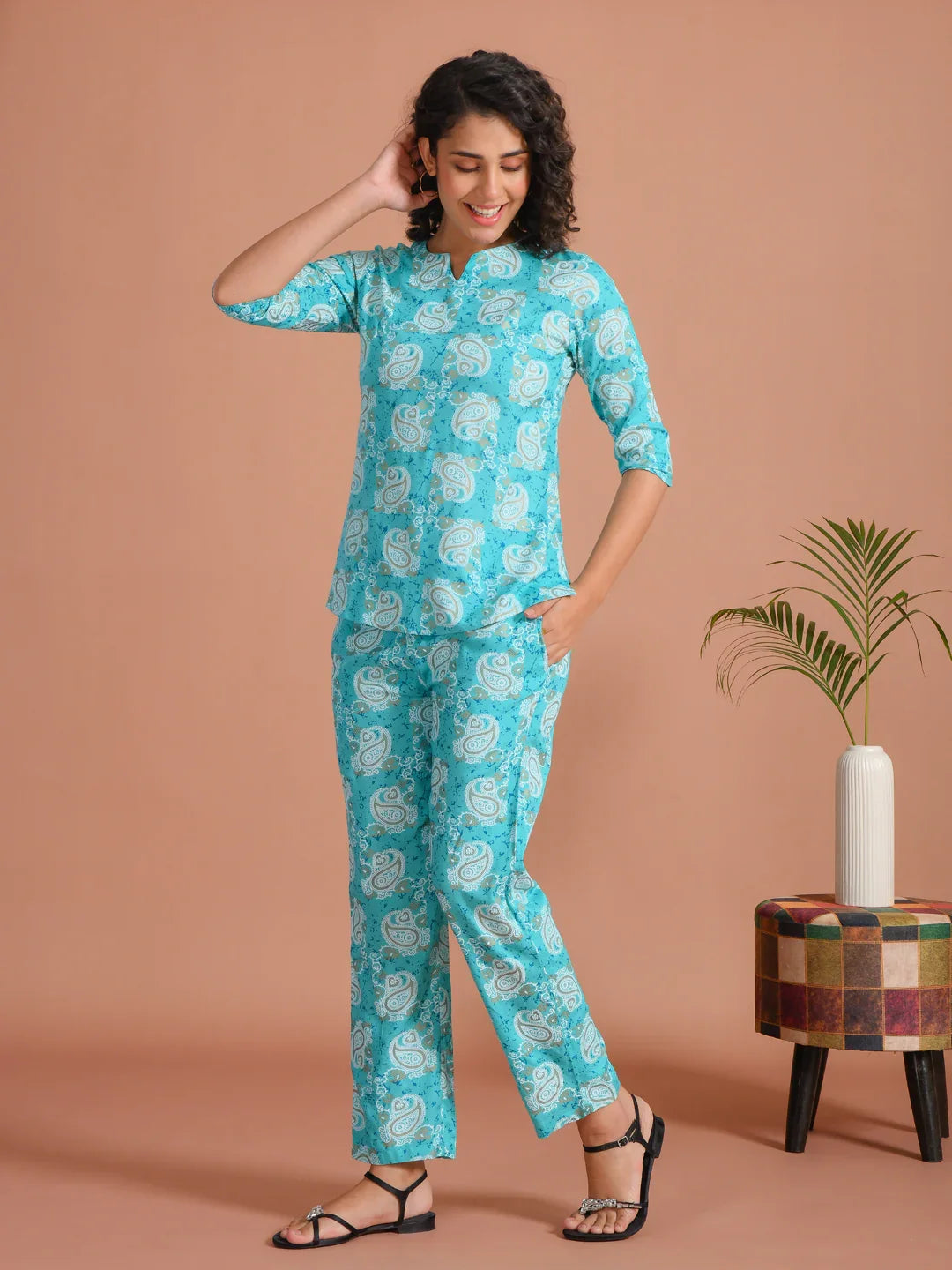 Turquoise Blue Printed Round Neck Night Suit - SanskrutiHomes