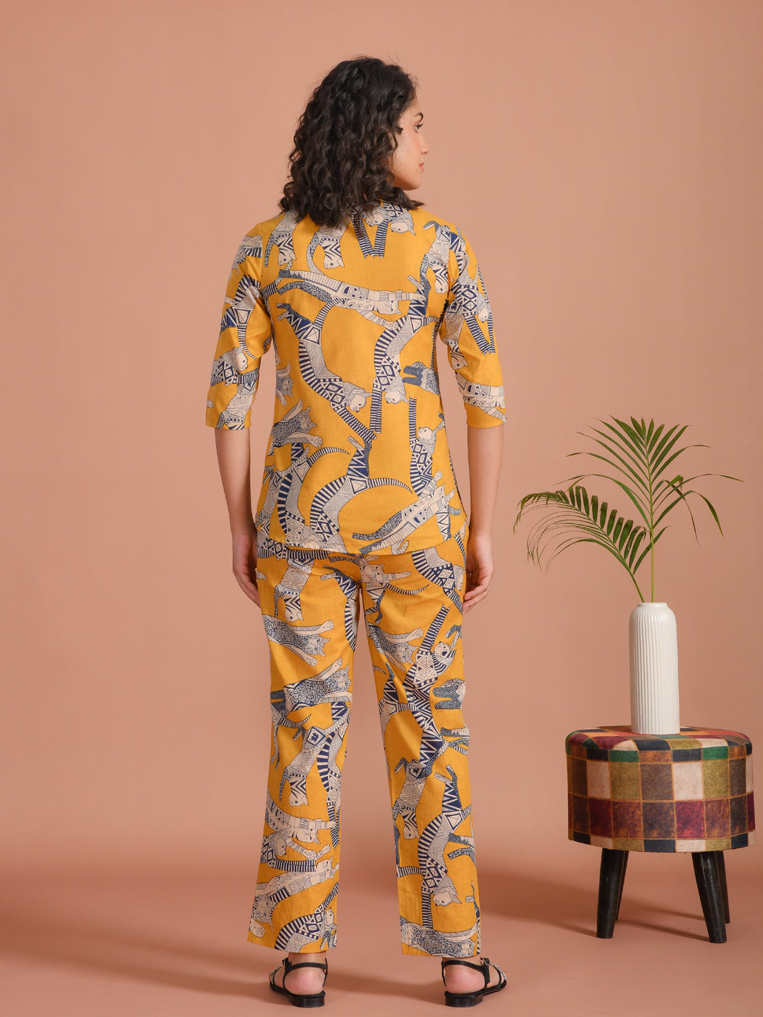 Yellow Pure Cotton Printed Round Neck night suit for women - SanskrutiHomes