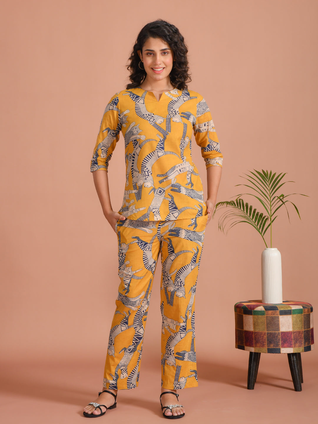 Yellow Pure Cotton Printed Round Neck night suit for women