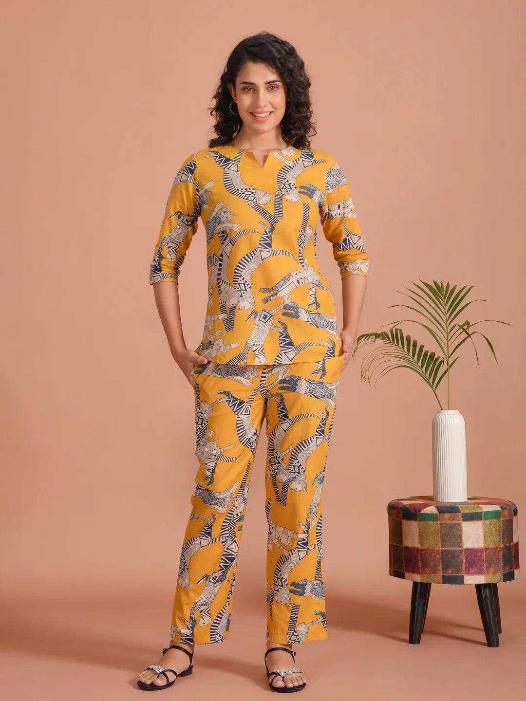 Yellow Pure Cotton Printed Round Neck night suit for women - SanskrutiHomes