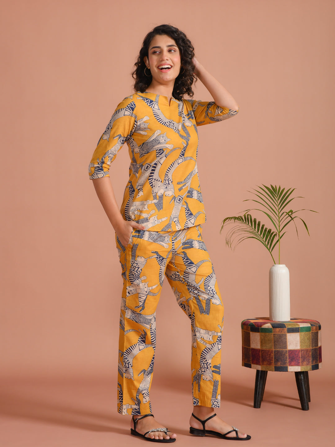 Yellow Pure Cotton Printed Round Neck night suit for women