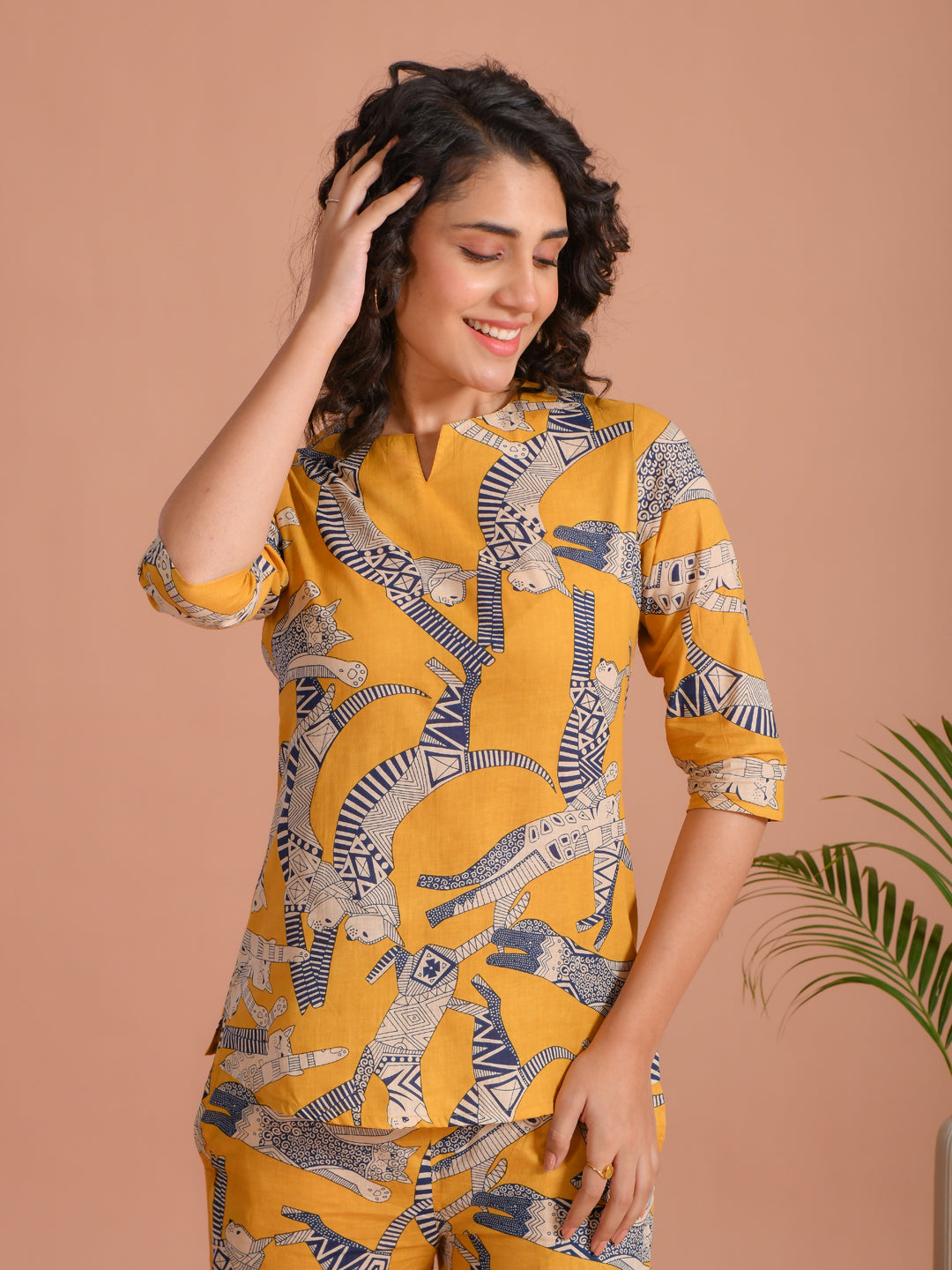 Yellow Pure Cotton Printed Round Neck night suit for women