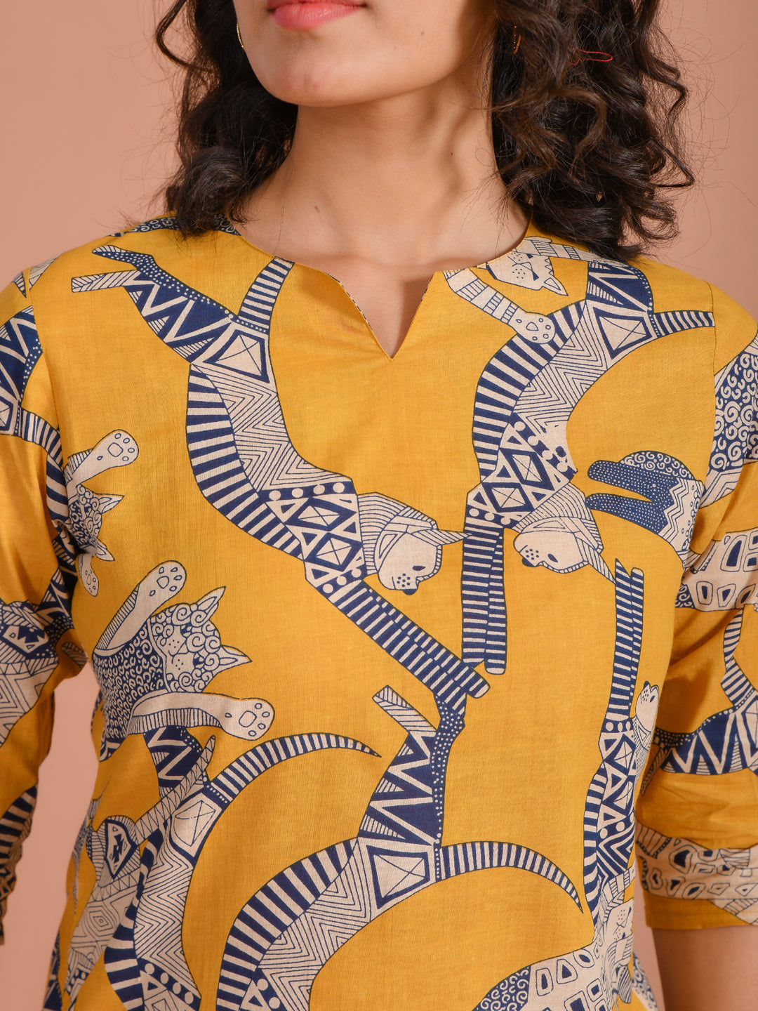 Yellow Pure Cotton Printed Round Neck night suit for women
