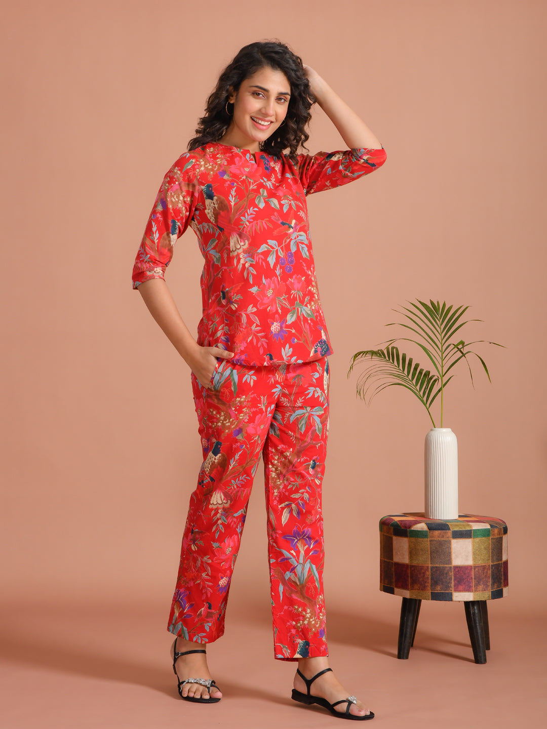 Red Pure Cotton Printed Round Neck night suit for women - SanskrutiHomes