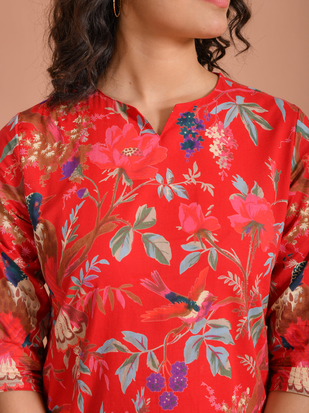 Red Pure Cotton Printed Round Neck night suit for women - SanskrutiHomes