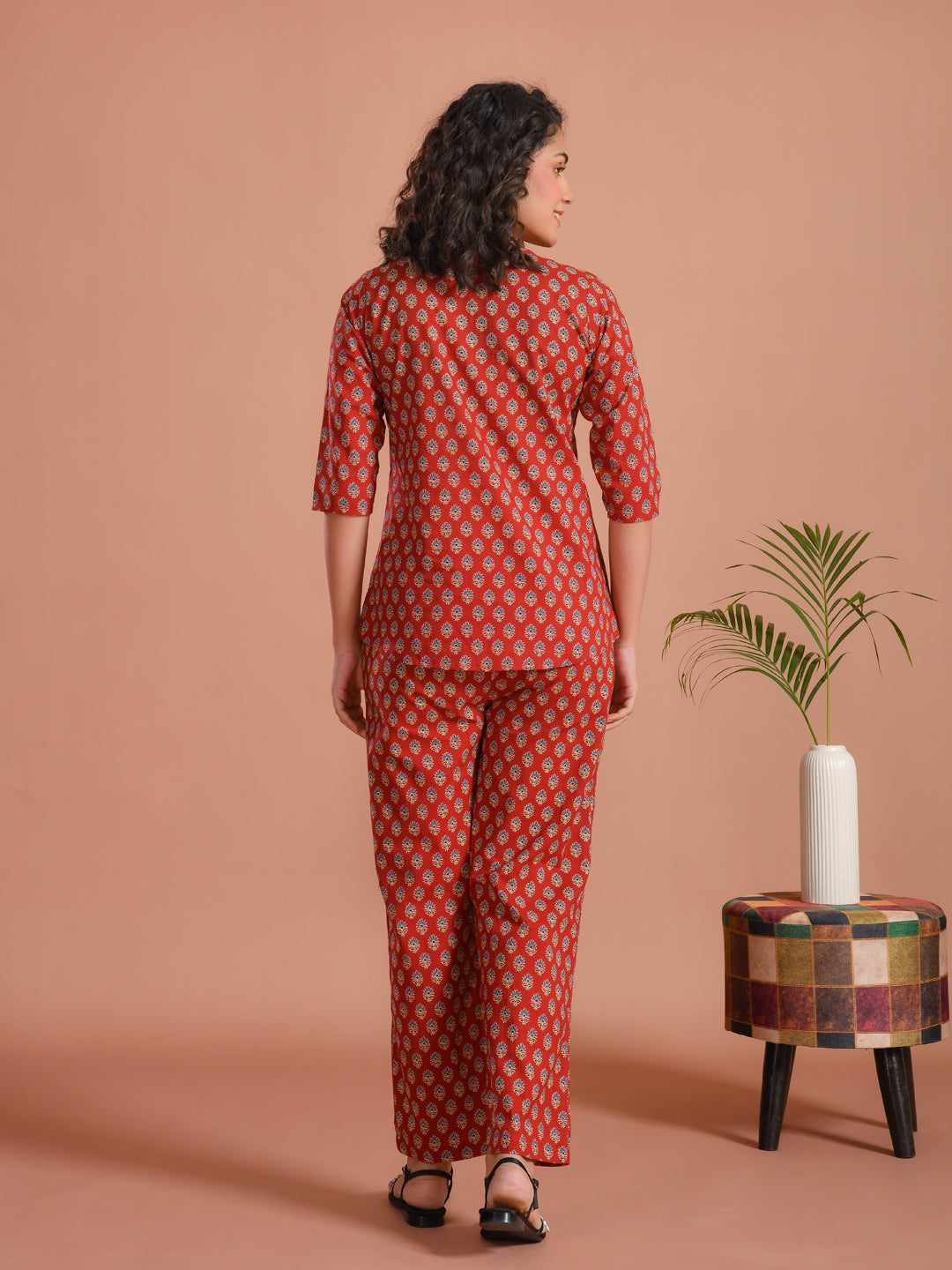 Red Floral Printed Cotton Night Suit Set