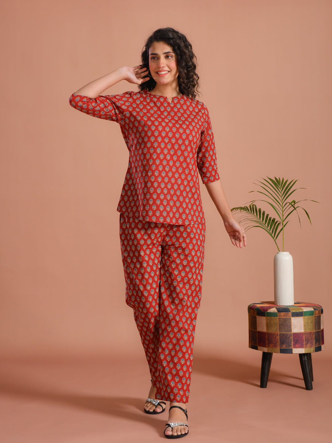 Red Floral Printed Cotton Night Suit Set