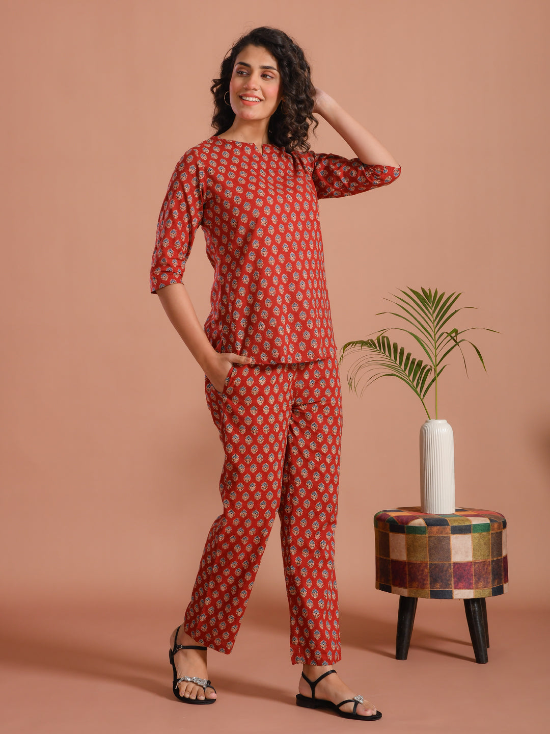 Red Floral Printed Cotton Night Suit Set