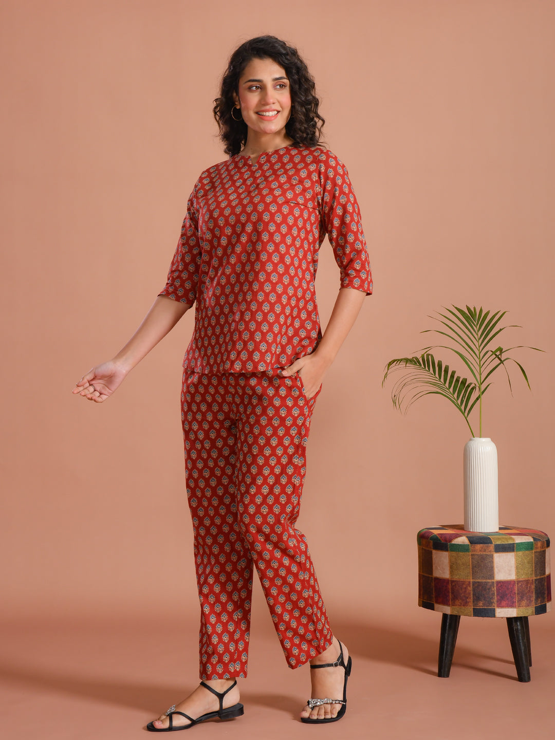 Red Floral Printed Cotton Night Suit Set