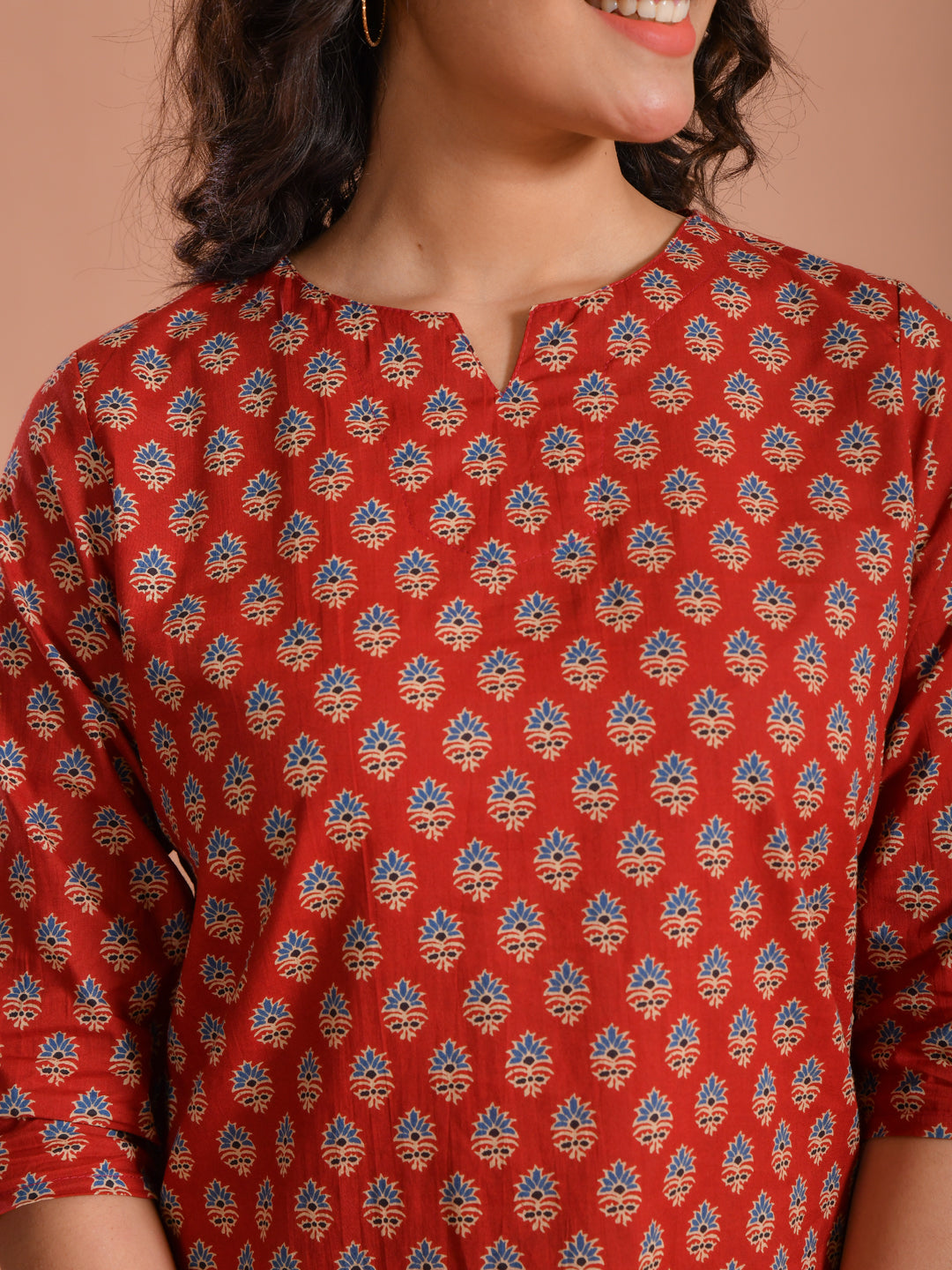 Red Floral Printed Cotton Night Suit Set