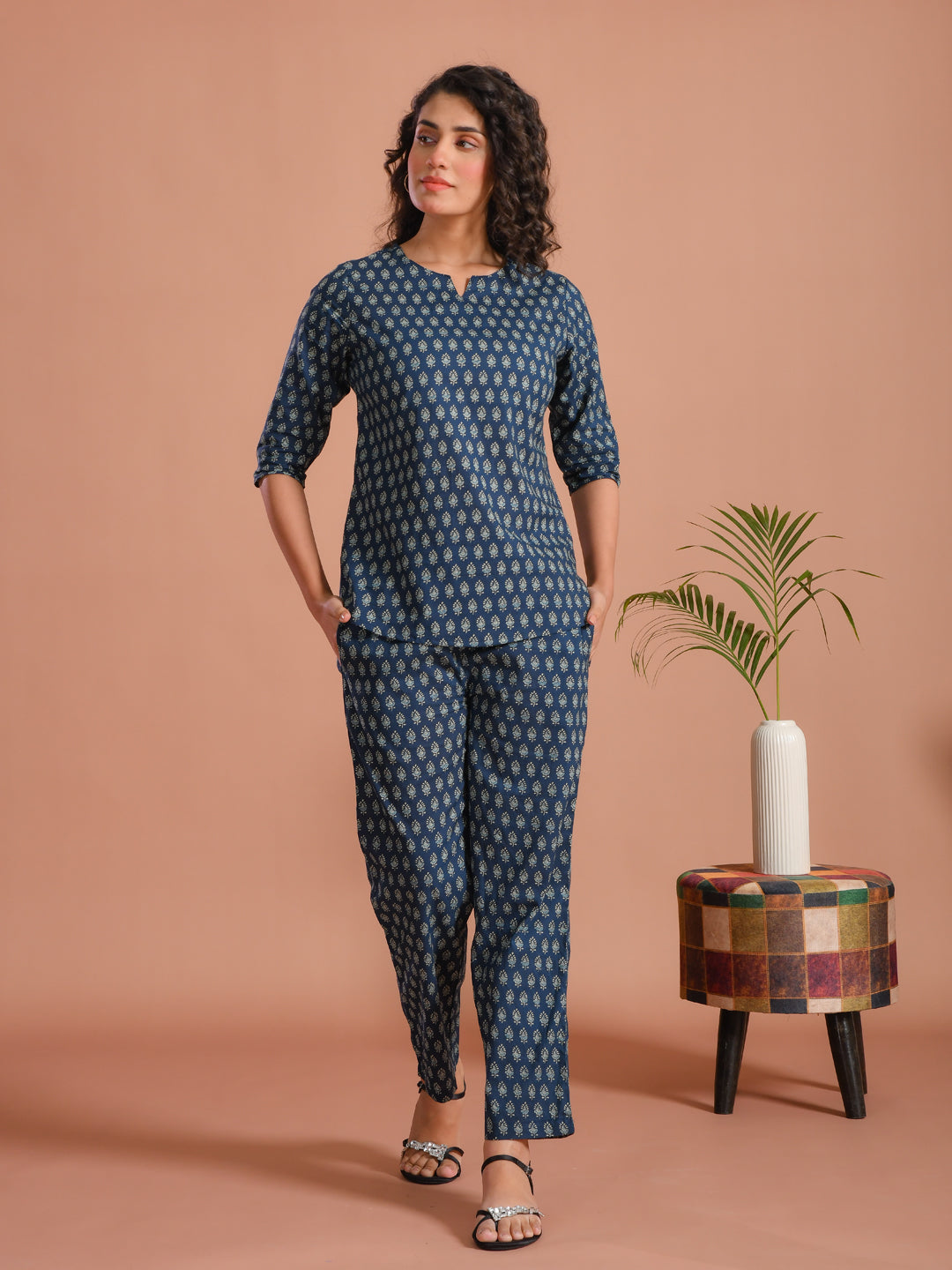 Blue Round Neck Flower Printed Cotton Night Suit
