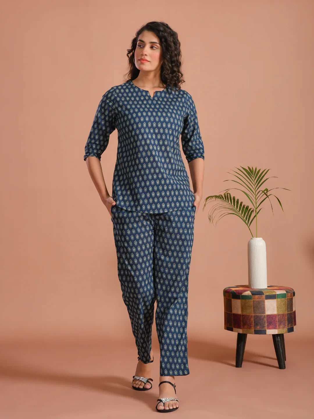 Blue Round Neck Flower Printed Cotton Night Suit - SanskrutiHomes