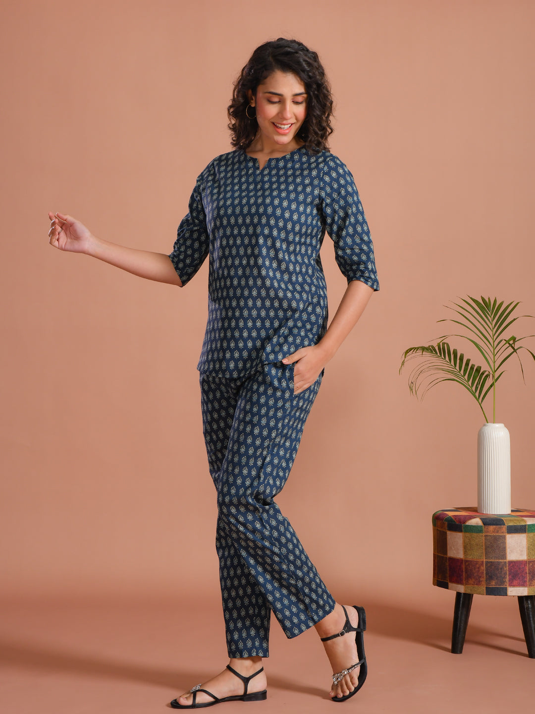 Blue Round Neck Flower Printed Cotton Night Suit