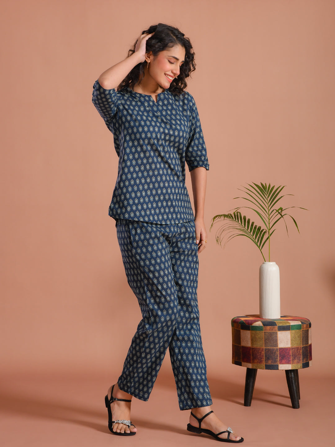Blue Round Neck Flower Printed Cotton Night Suit