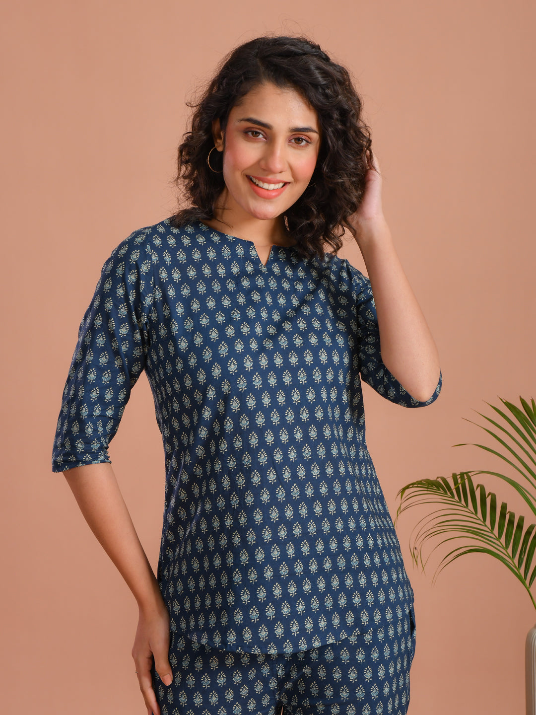 Blue Round Neck Flower Printed Cotton Night Suit