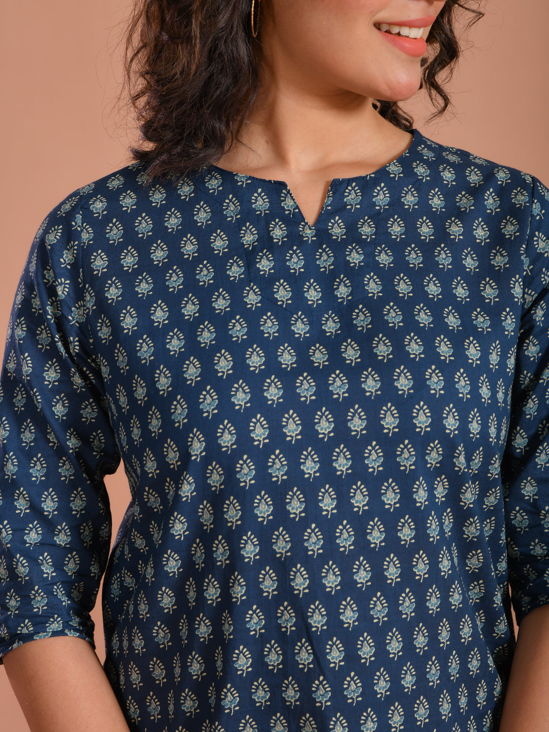 Blue Round Neck Flower Printed Cotton Night Suit