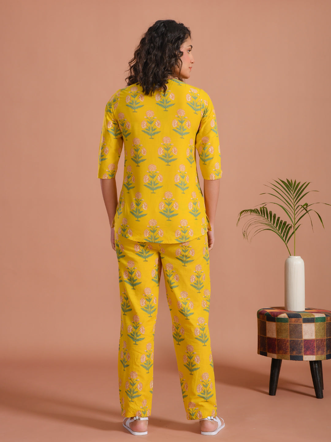 Yellow Flower Printed Cotton Night Suit for Women