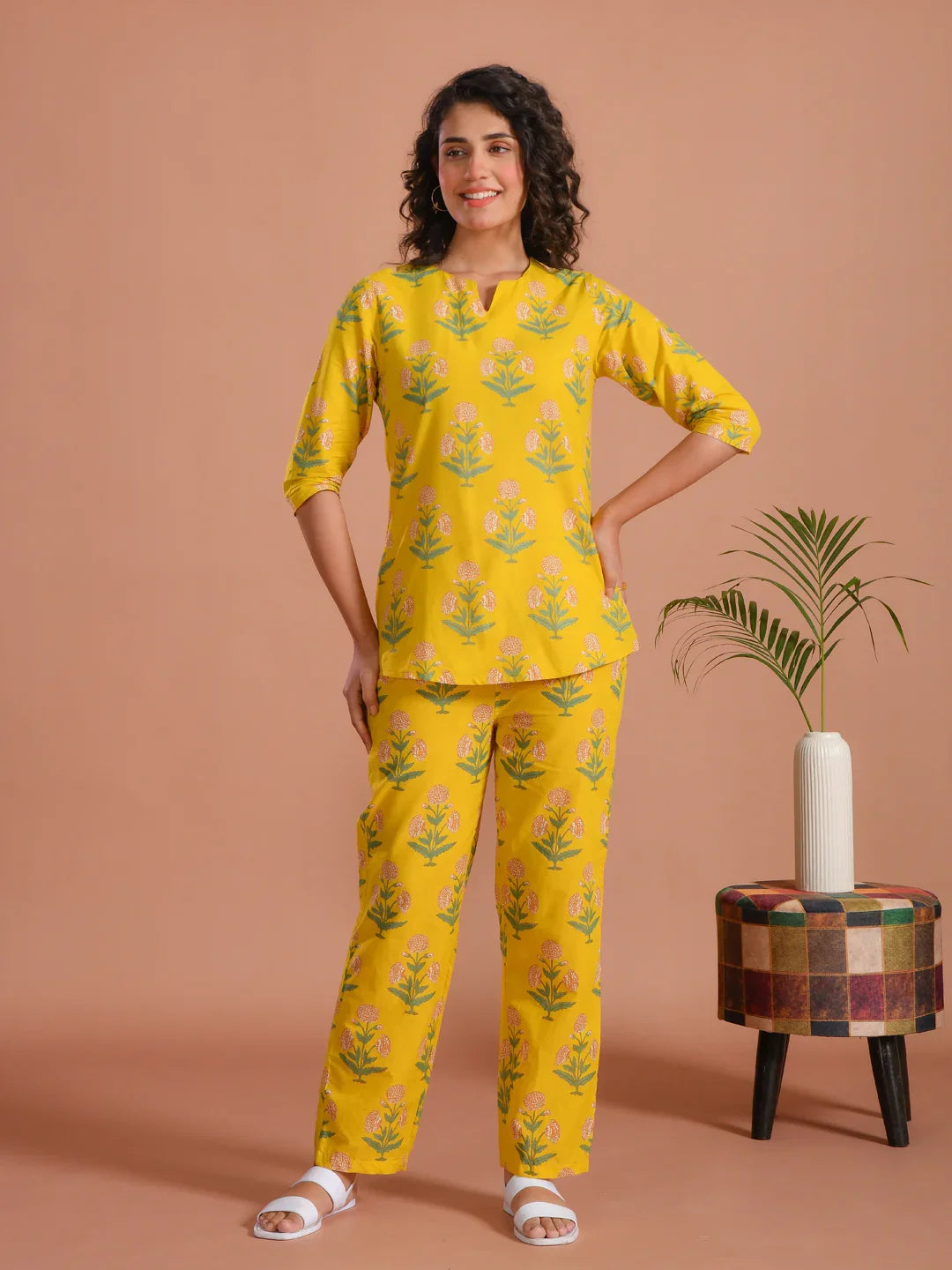Yellow Flower Printed Cotton Night Suit for Women - SanskrutiHomes