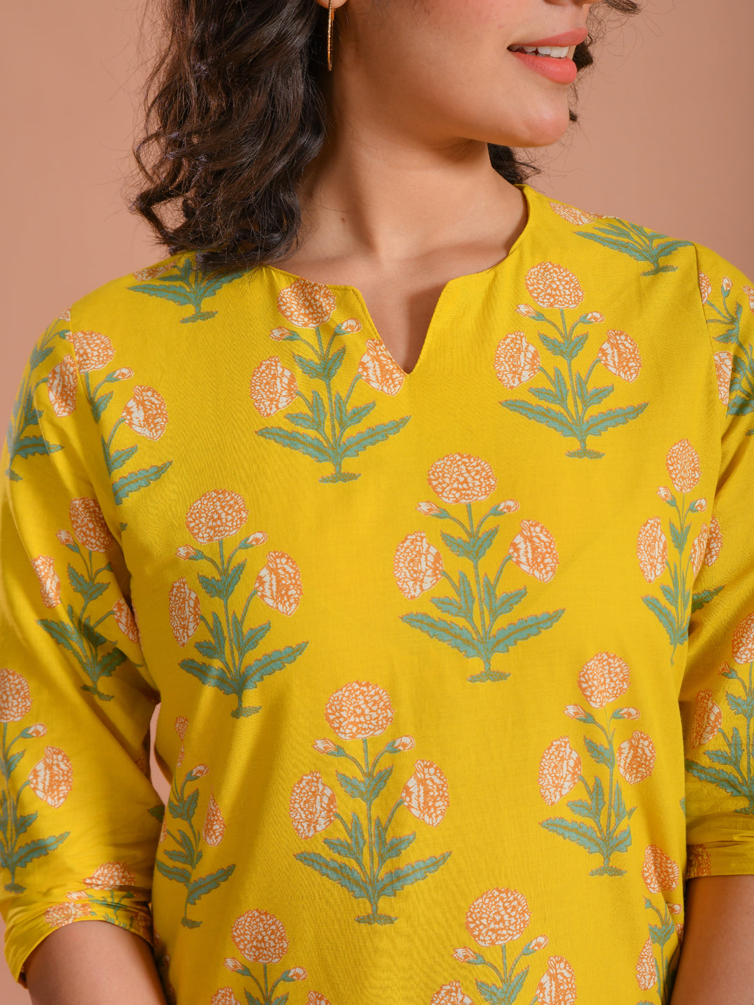 Yellow Flower Printed Cotton Night Suit for Women