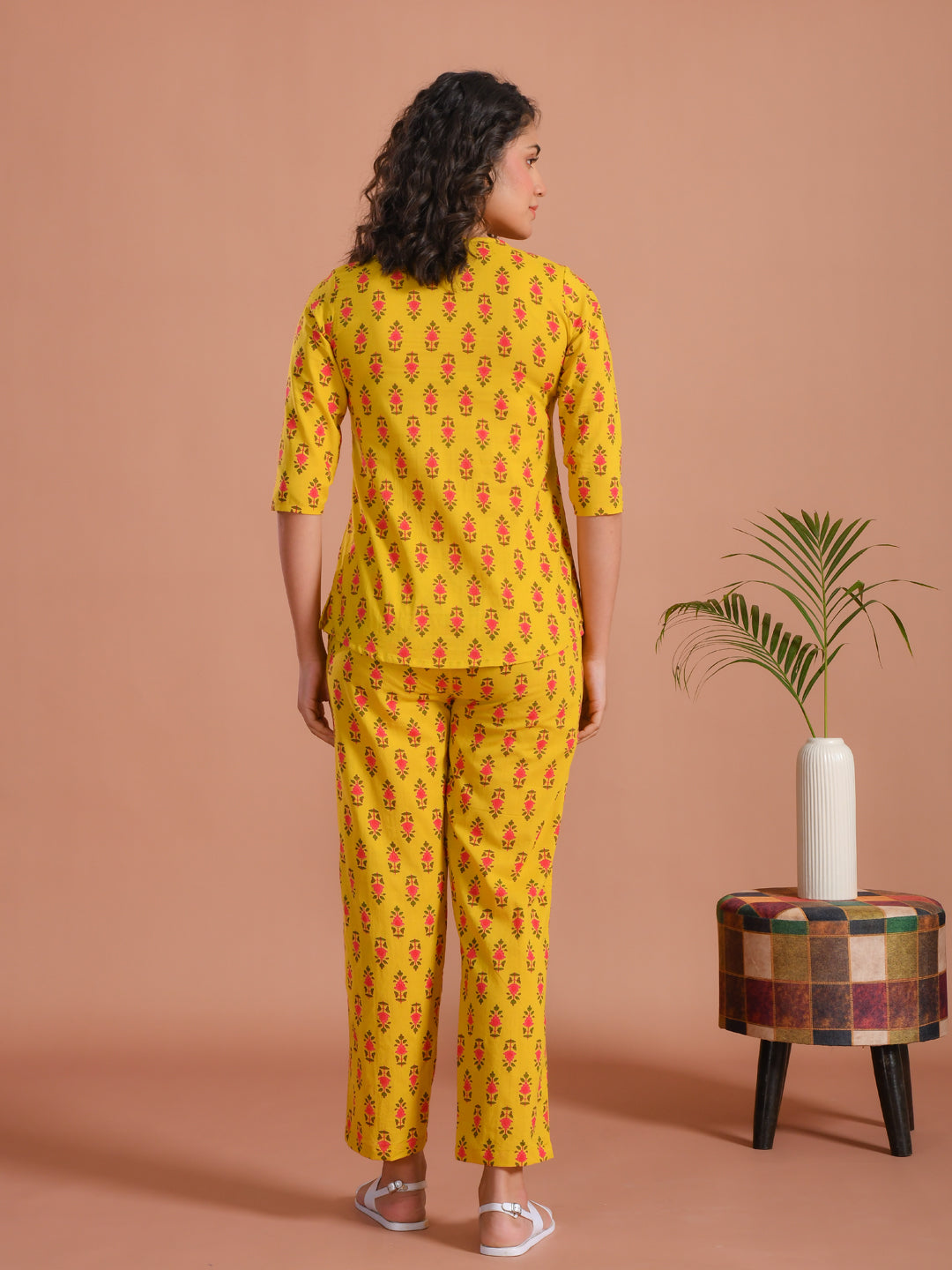 Yellow Floral Printed Round Neck Night Suit