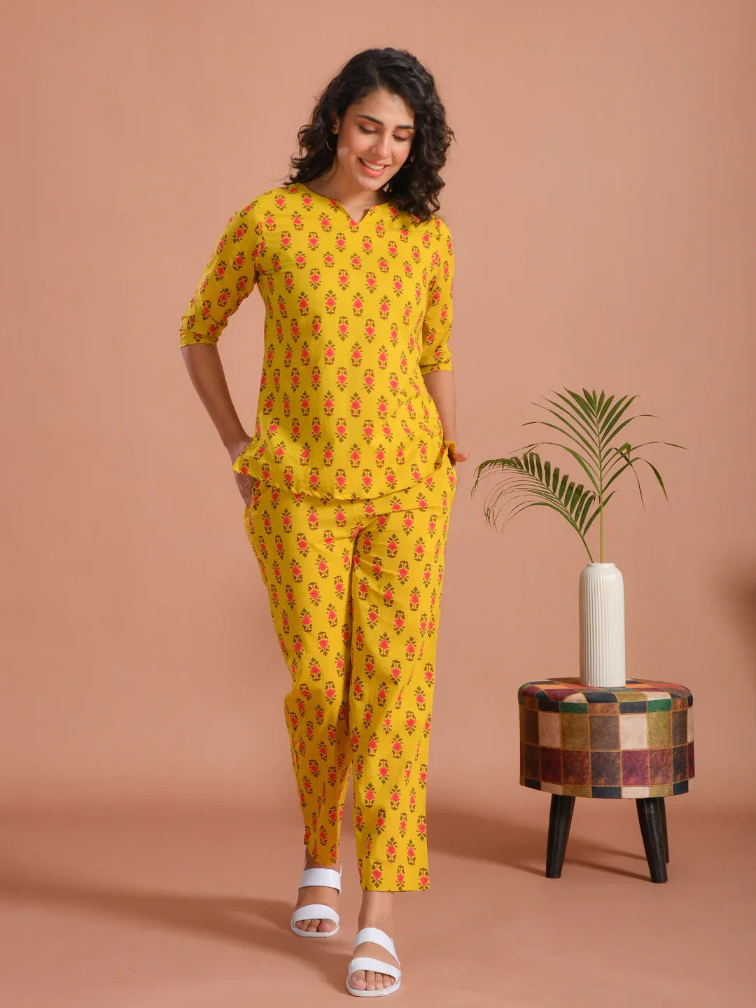 Yellow Floral Printed Round Neck Night Suit - SanskrutiHomes