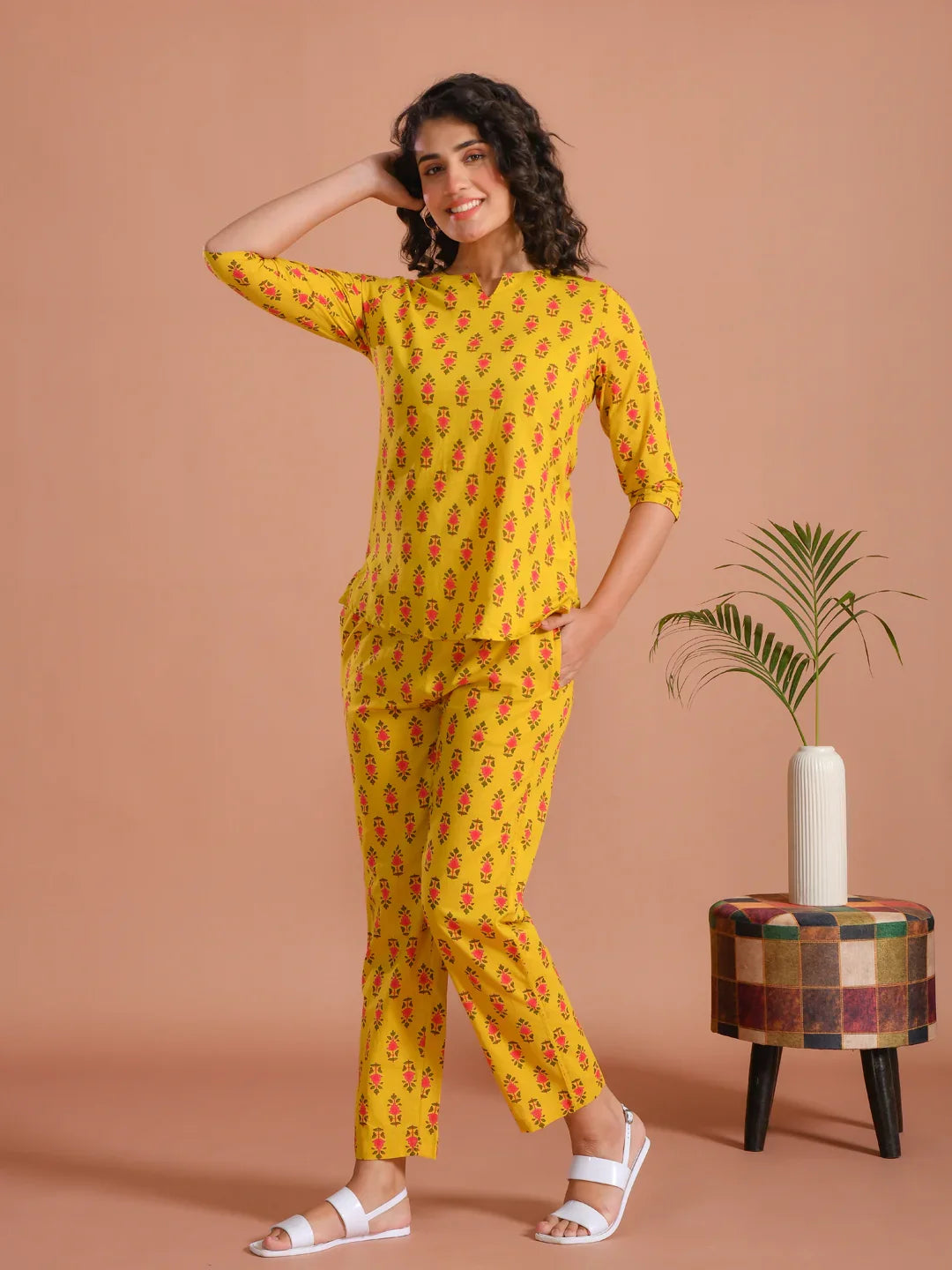 Yellow Floral Printed Round Neck Night Suit - SanskrutiHomes