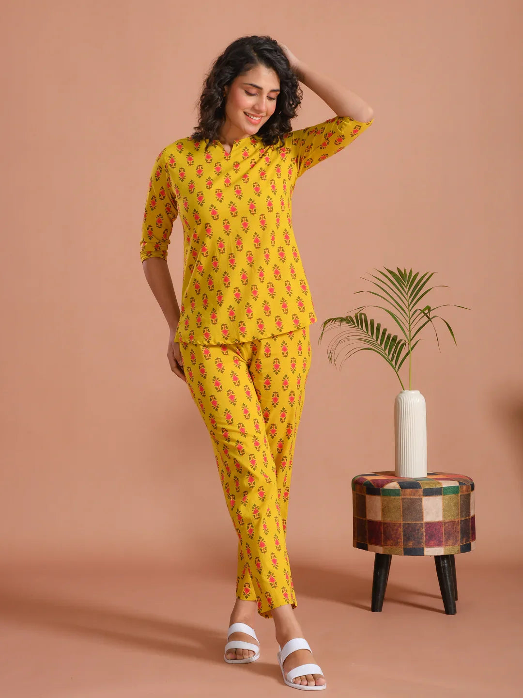 Yellow Floral Printed Round Neck Night Suit - SanskrutiHomes