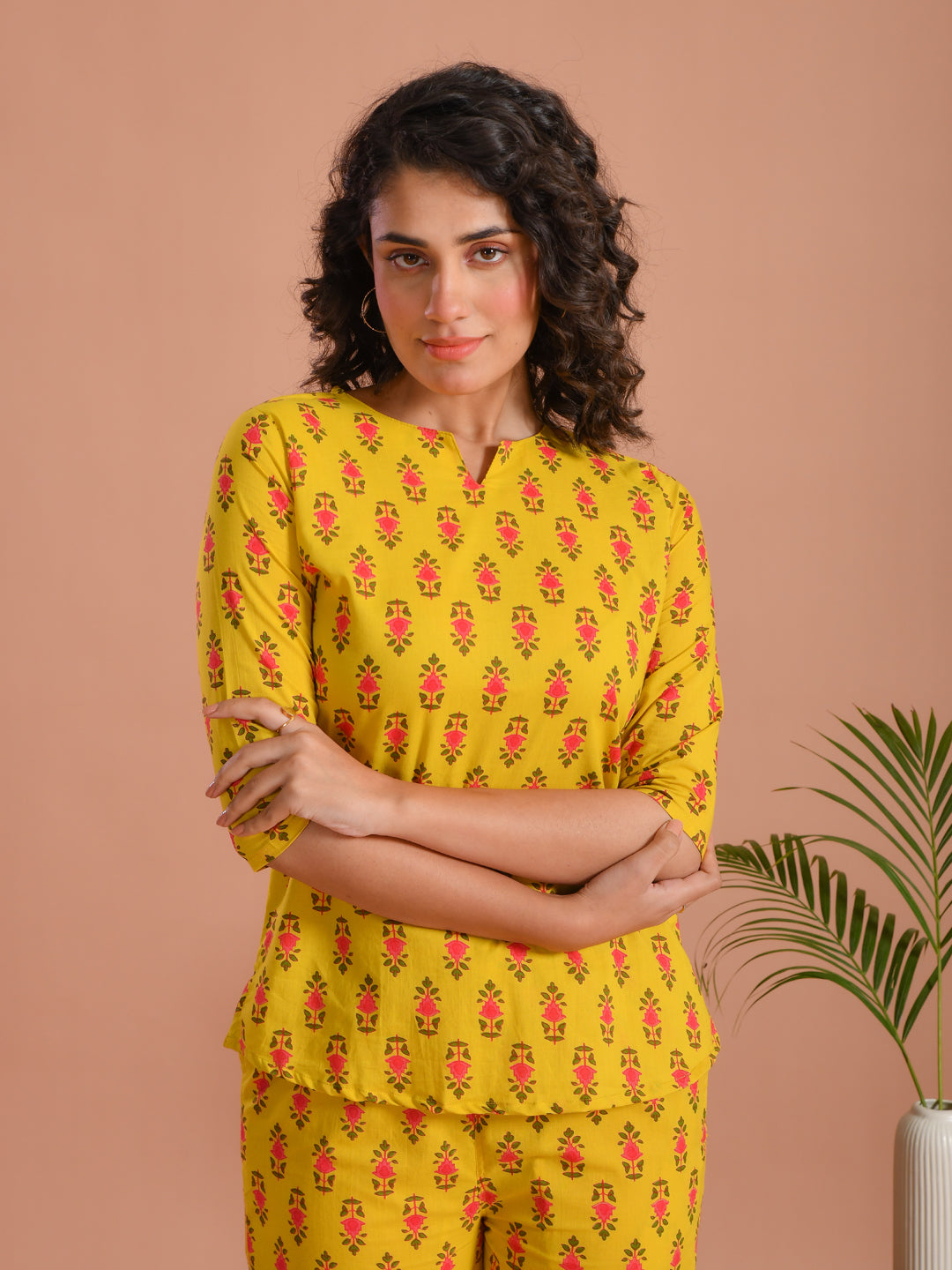 Yellow Floral Printed Round Neck Night Suit