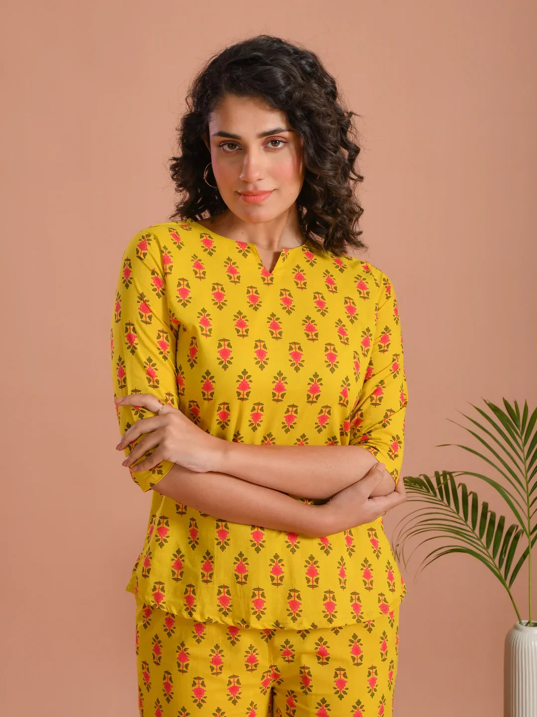 Yellow Floral Printed Round Neck Night Suit - SanskrutiHomes