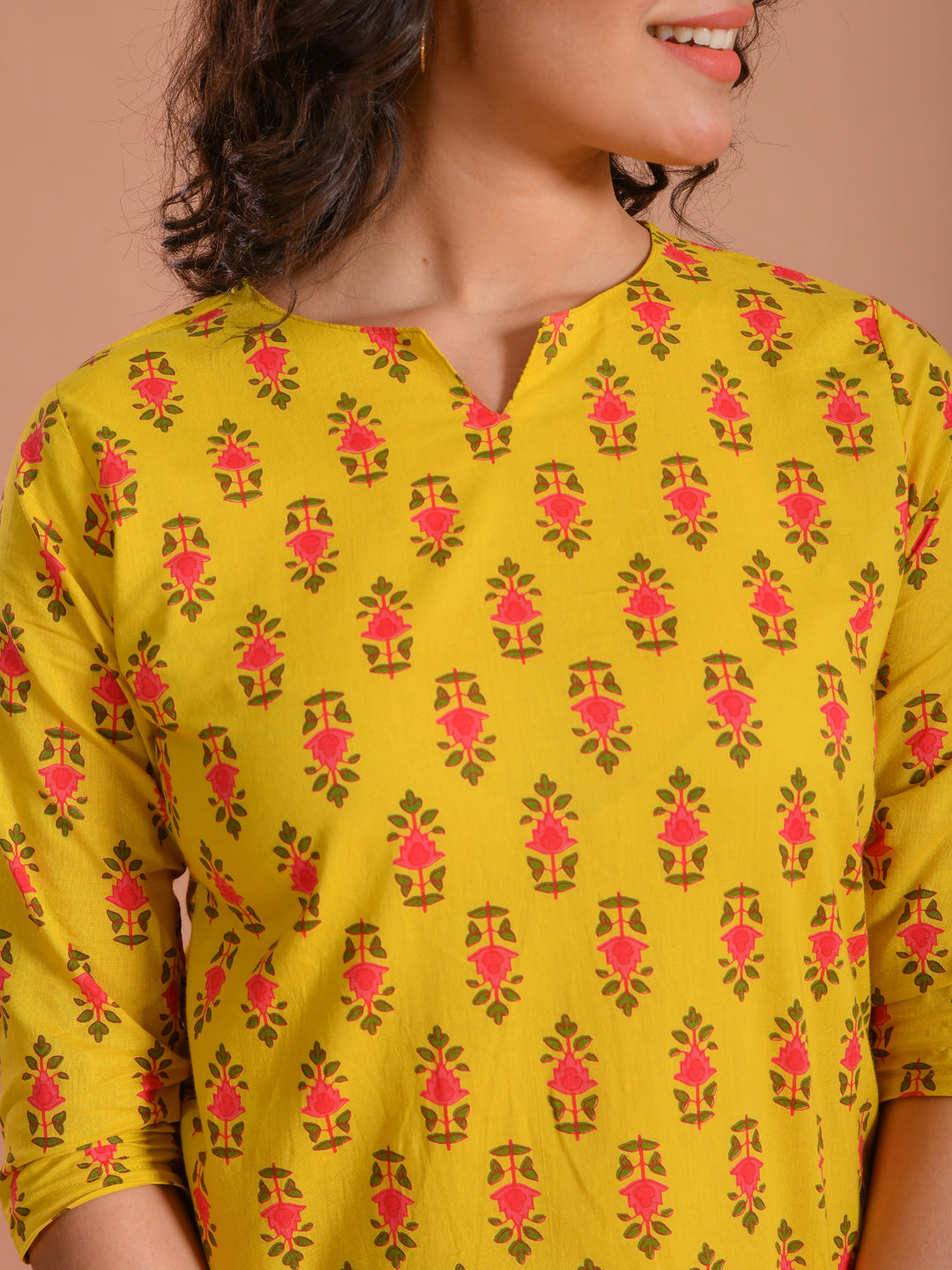 Yellow Floral Printed Round Neck Night Suit