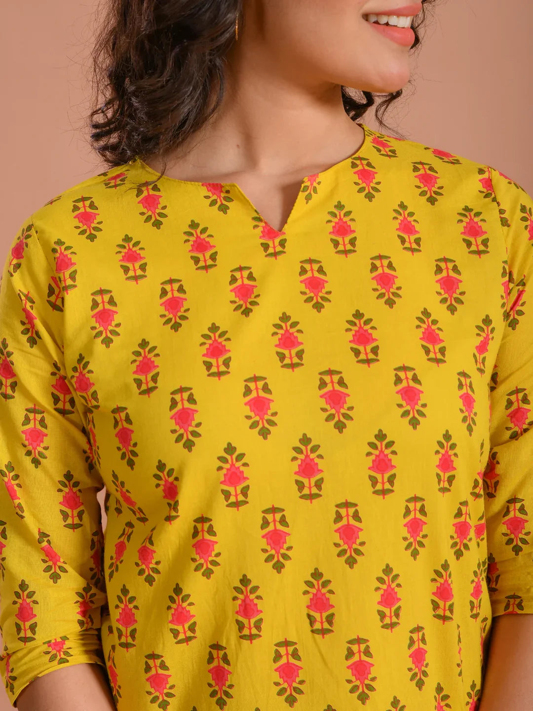 Yellow Floral Printed Round Neck Night Suit - SanskrutiHomes