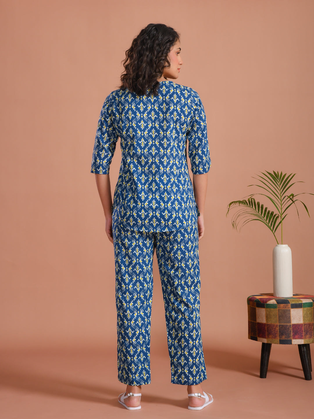 Blue Round Neck Floral Printed Cotton Night Suit