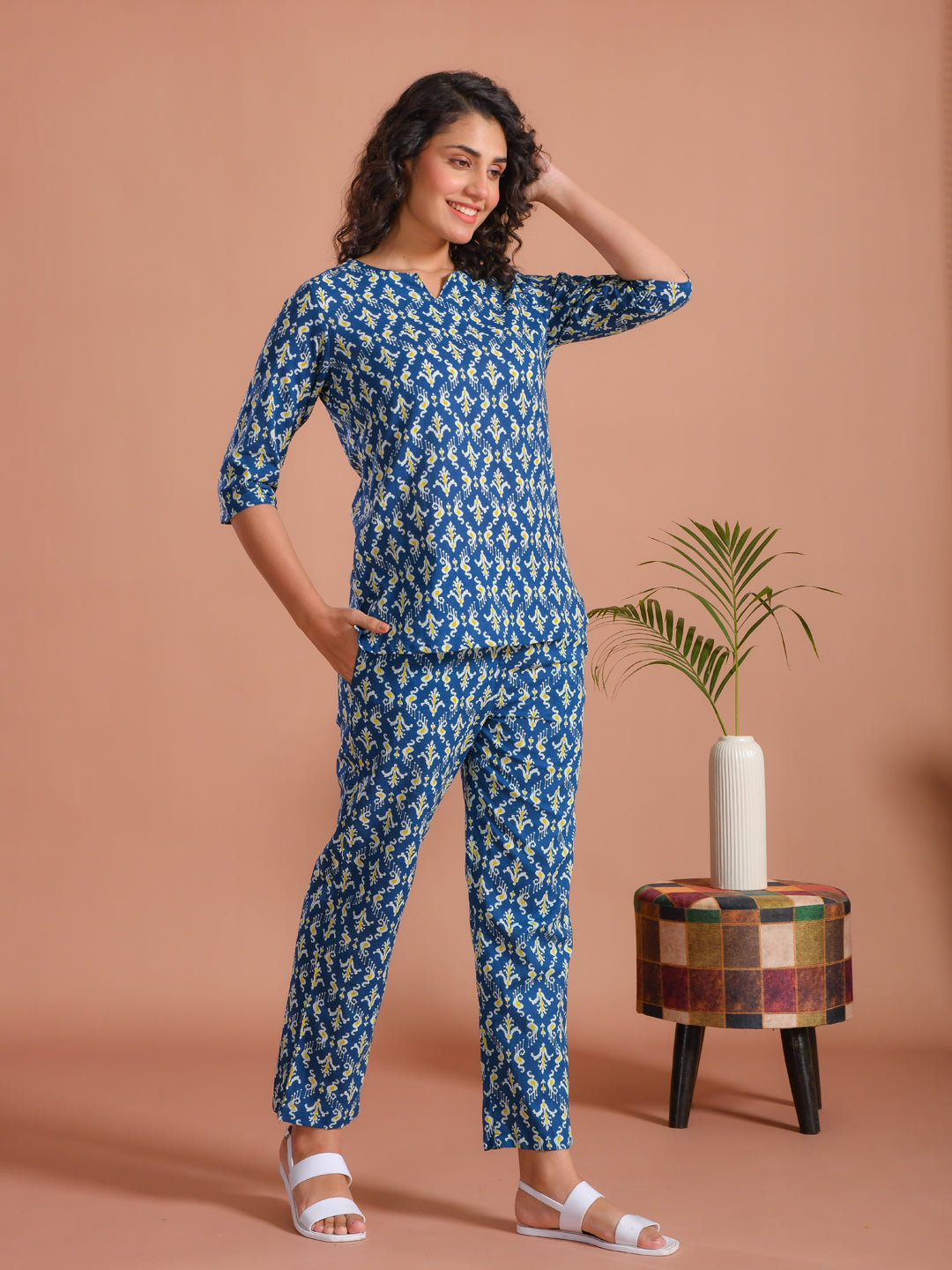 Blue Round Neck Floral Printed Cotton Night Suit