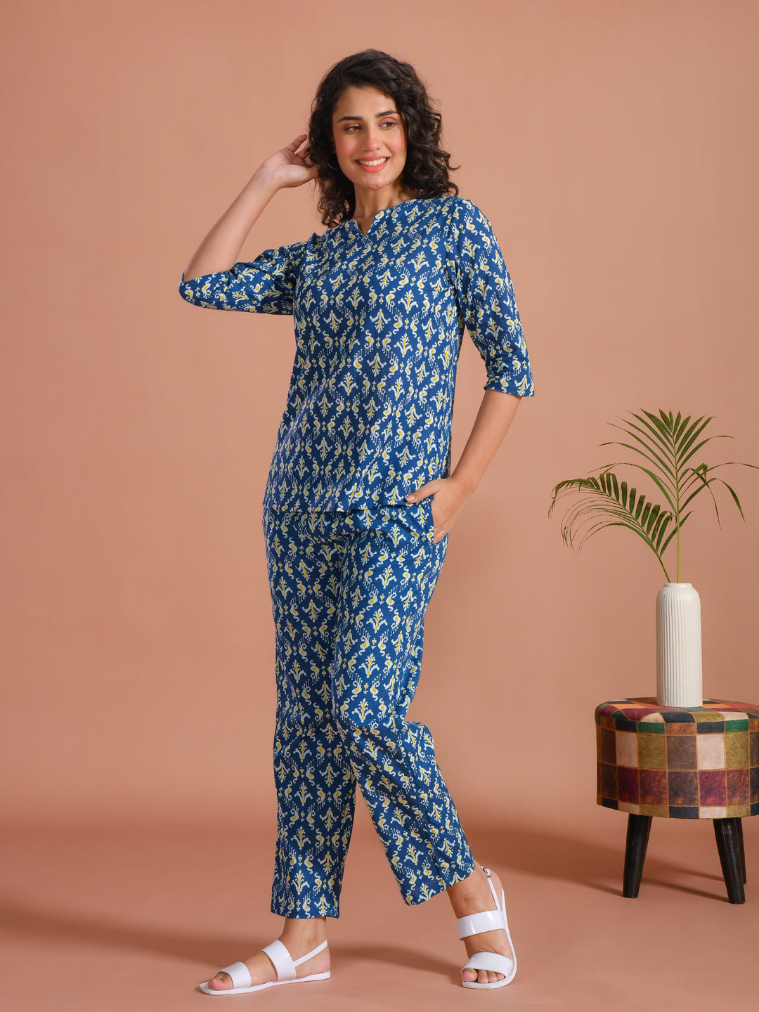 Blue Round Neck Floral Printed Cotton Night Suit