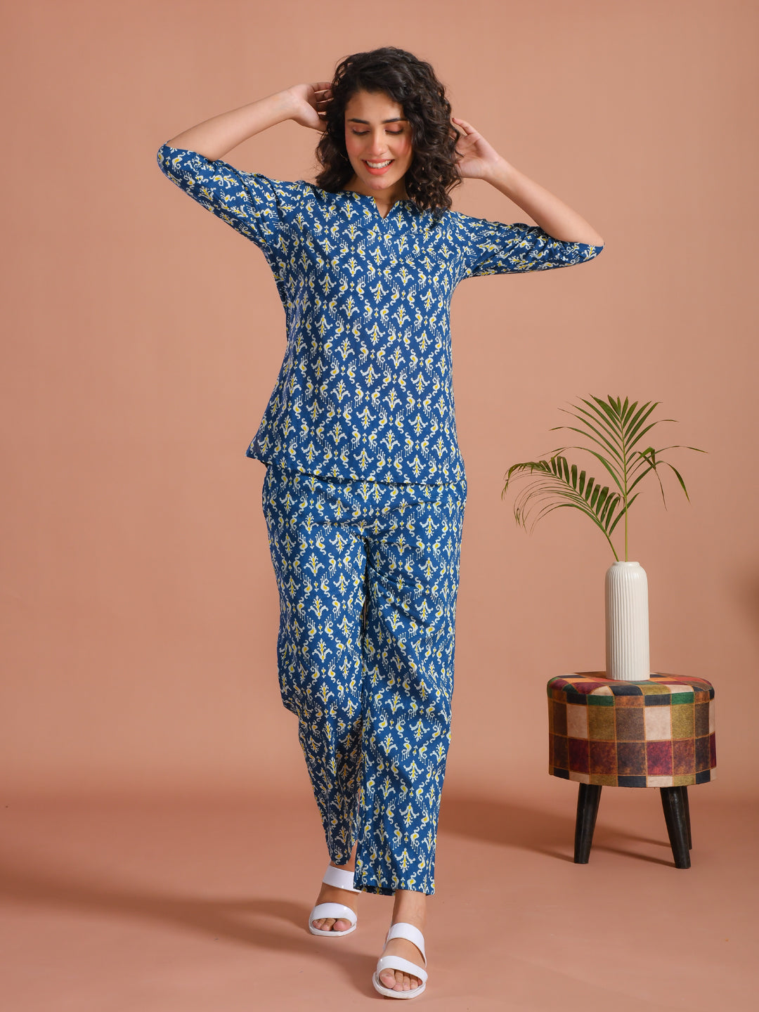 Blue Round Neck Floral Printed Cotton Night Suit