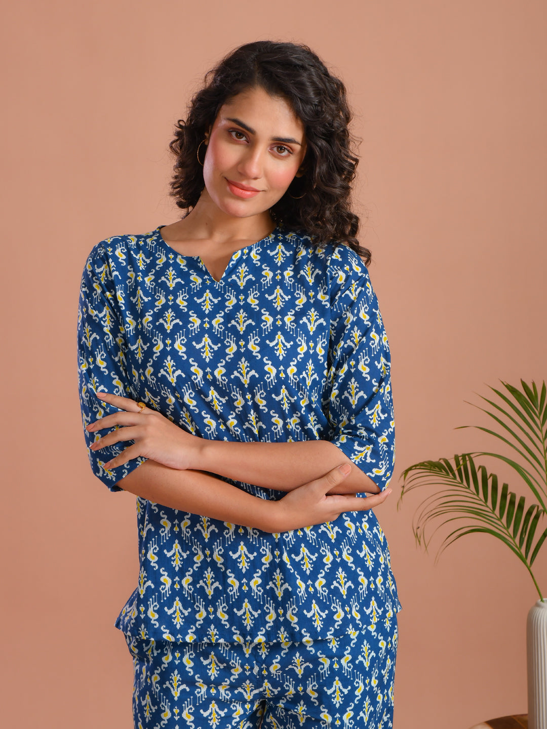 Blue Round Neck Floral Printed Cotton Night Suit