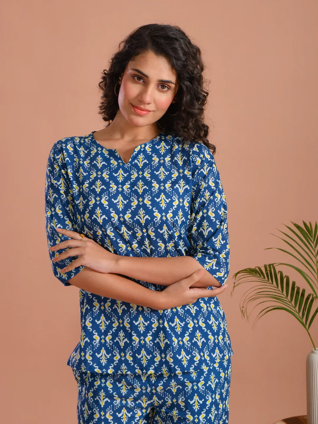 Blue Round Neck Floral Printed Cotton Night Suit - SanskrutiHomes