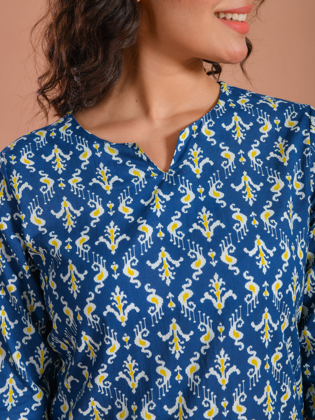 Blue Round Neck Floral Printed Cotton Night Suit