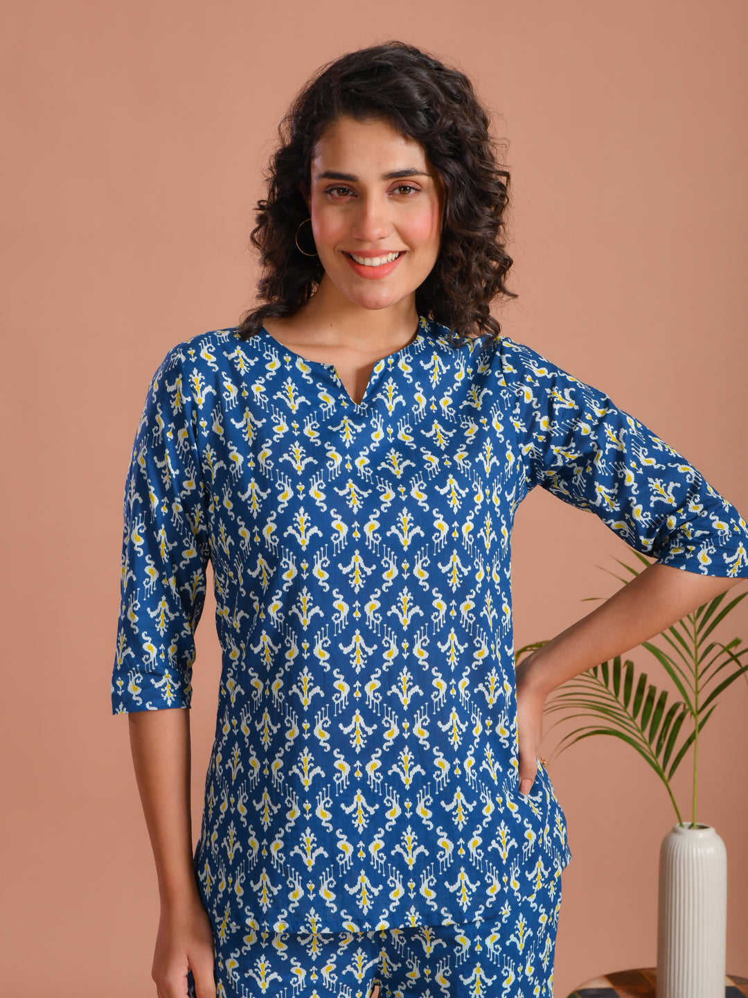 Blue Round Neck Floral Printed Cotton Night Suit