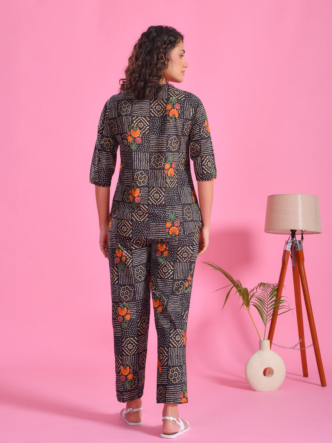 Black Flower Printed Cotton Night Suit Set