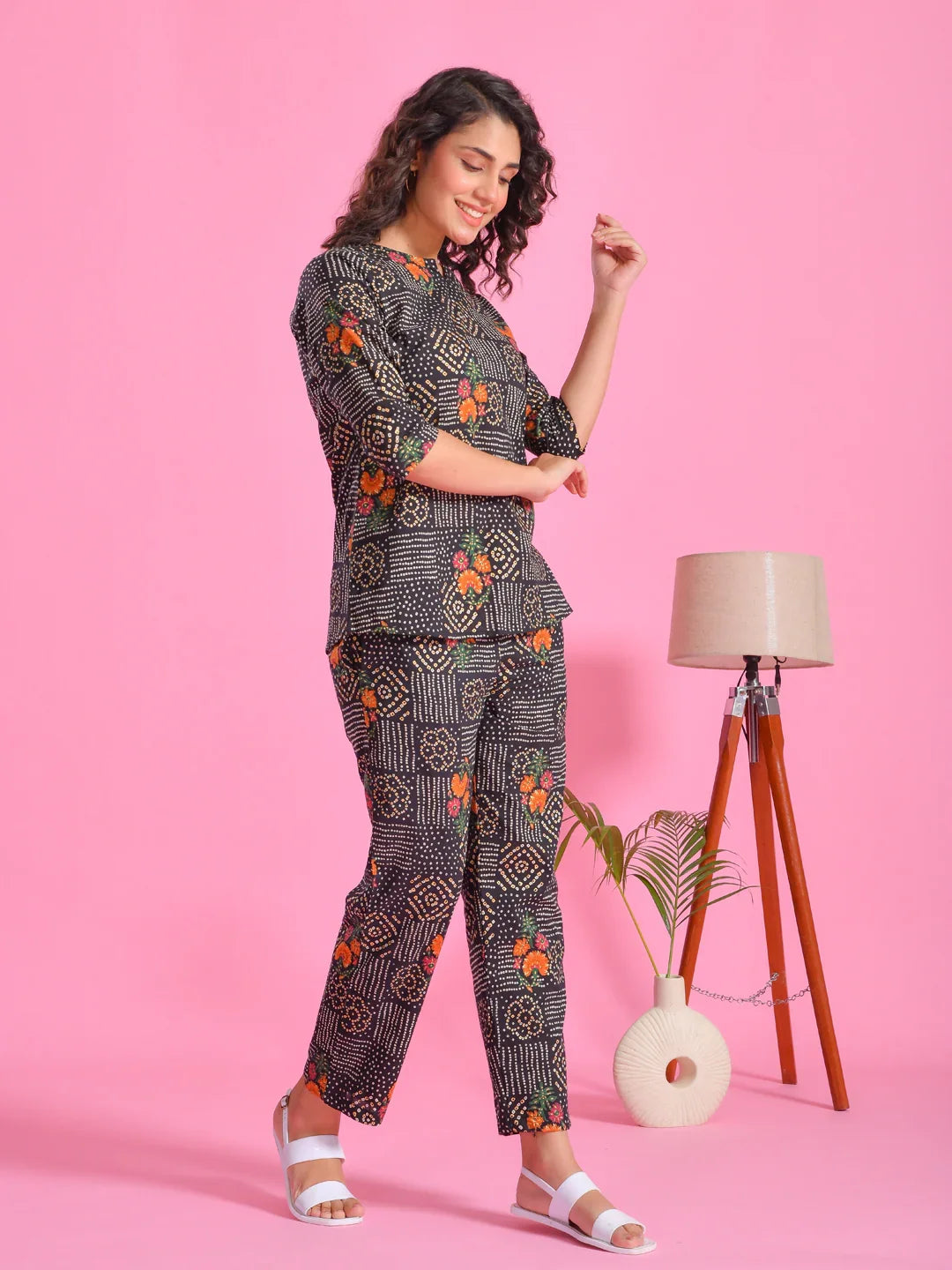 Black Flower Printed Cotton Night Suit Set - SanskrutiHomes