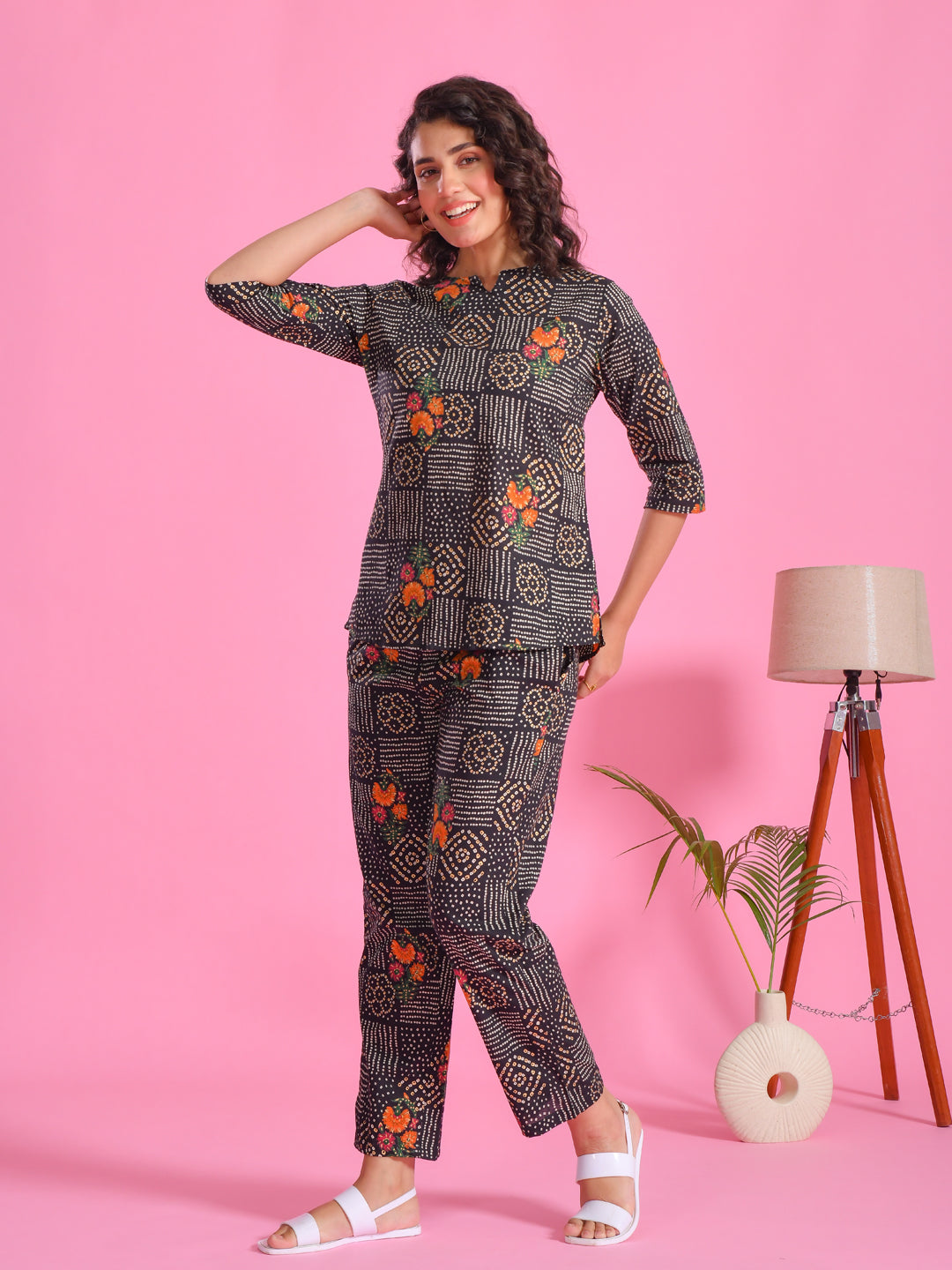 Black Flower Printed Cotton Night Suit Set