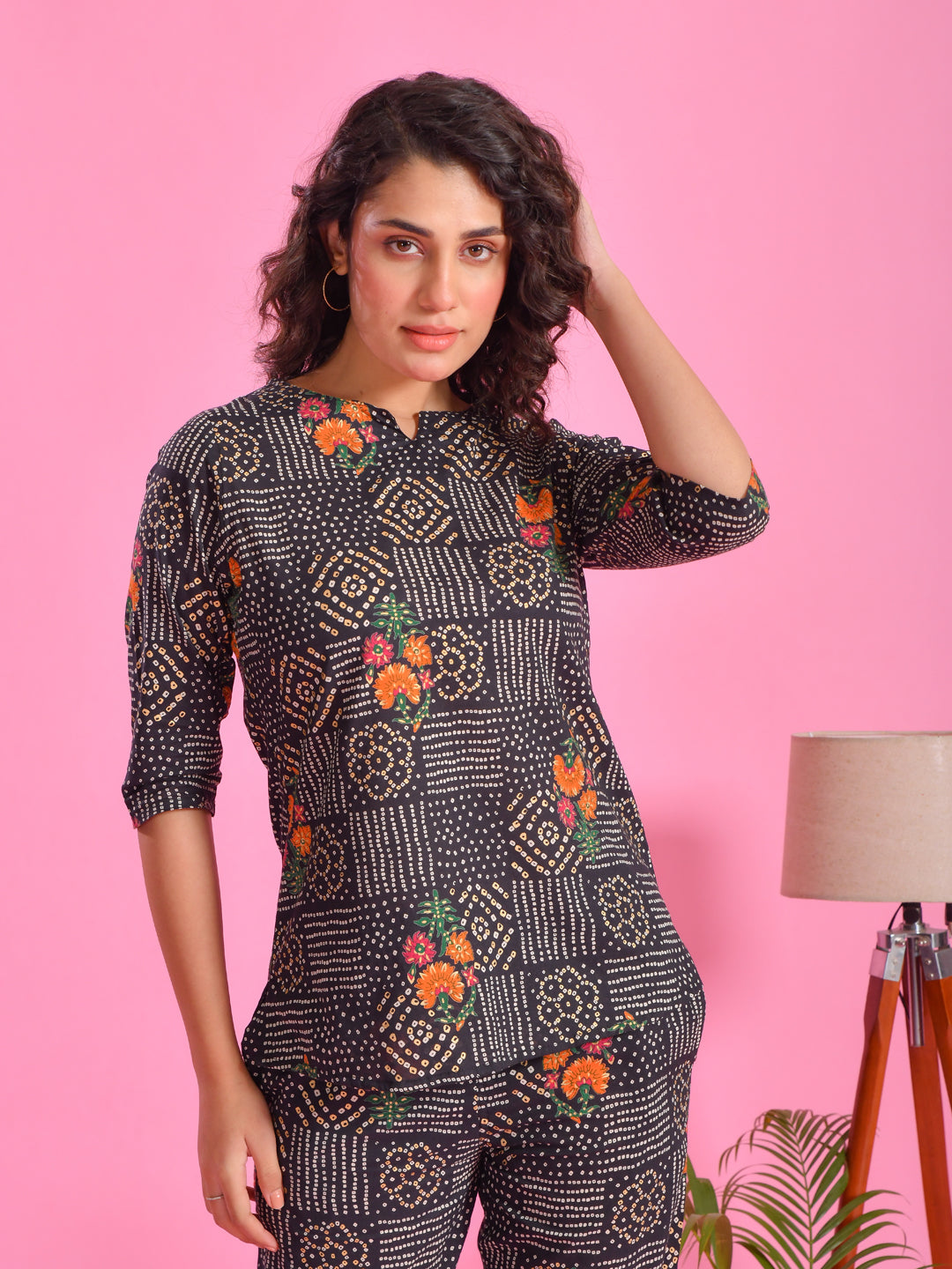 Black Flower Printed Cotton Night Suit Set